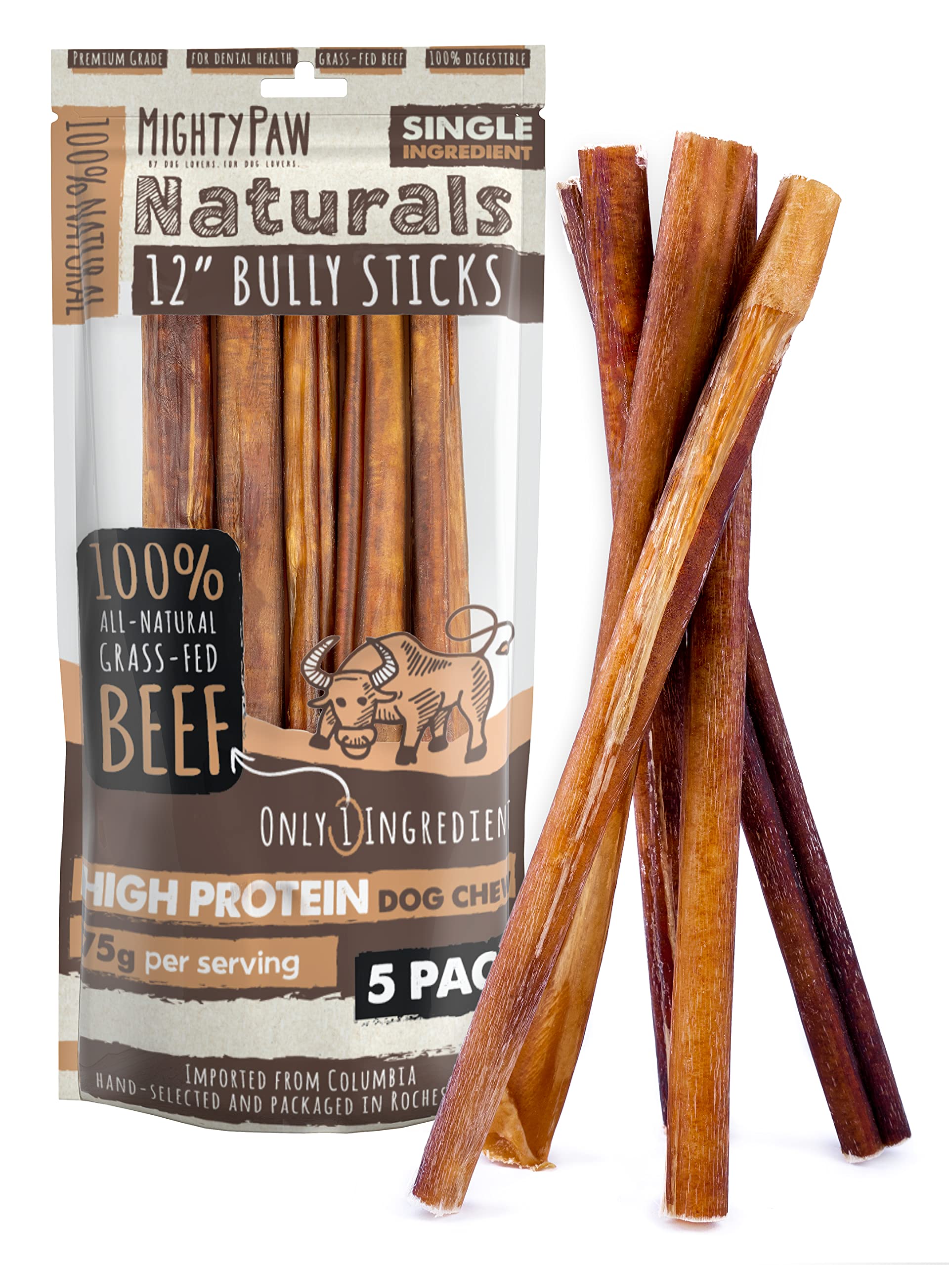 Mighty Paw Naturals 12" Bully Sticks for Dogs - Grass Fed Beef Dog Chews. Dog Bully Sticks for Large Dogs, Medium and Small Breeds. Lower Odor Bully Sticks for Small Dogs. Single Ingredient