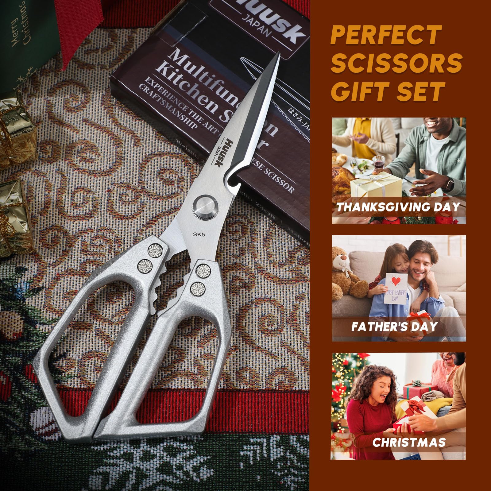 HUUSK Kitchen Scissors all Purpose - Stainless Steel Kitchen Shear, Sharp Silver Meat Scissors Dishwasher Safe, Heavy Duty Poultry Shears, Japanese Cooking Scissor for Food, Chicken Bones, and Turkey