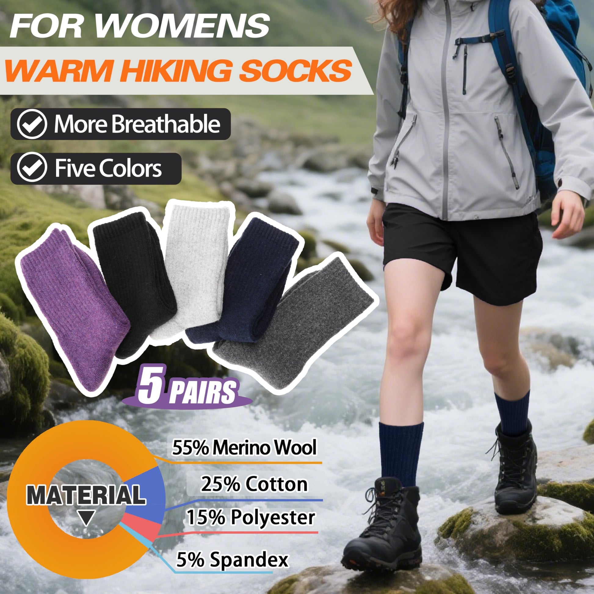 Merino Wool Socks for Women Hiking Warm Winter Thick Boot Thermal Cozy Crew Work Soft Ladies Socks Gift 5 Pack Stocking Stuffers（ Purple/Blue/Black/Grey/Dull Grey）