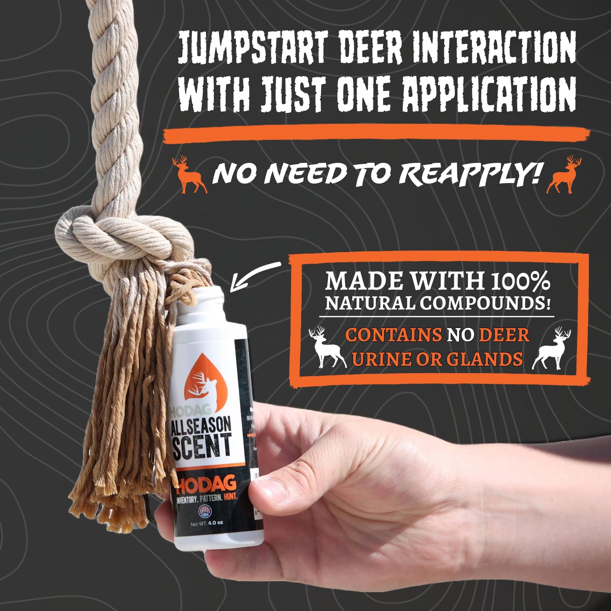 HODAG HempScent Rope for Deer Hunting – Effective Whitetail Attractant & Lure – Easy to Set Up Mock Scrape Kit with 4 oz AllSeason Scent - Buck or Doe Urine, Estrus Dripper Alternative (Single-Setup)