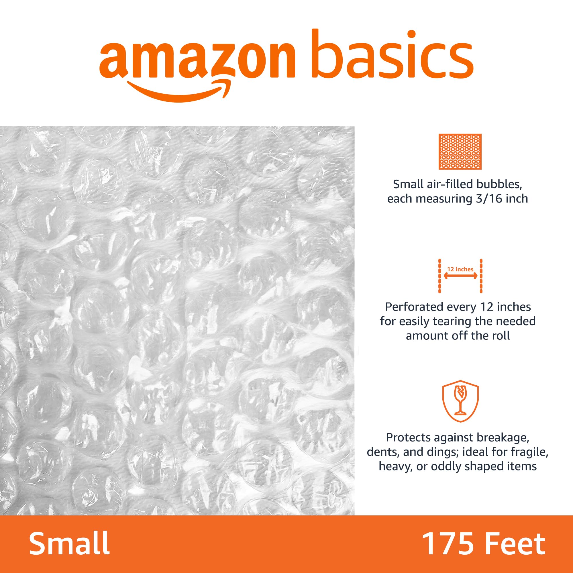 Amazon Basics Bubble Cushioning Wrap Packing Material for Fragile Items, Perforated, 12 inch x 175 ft Long Roll, Small 3/16", Clear