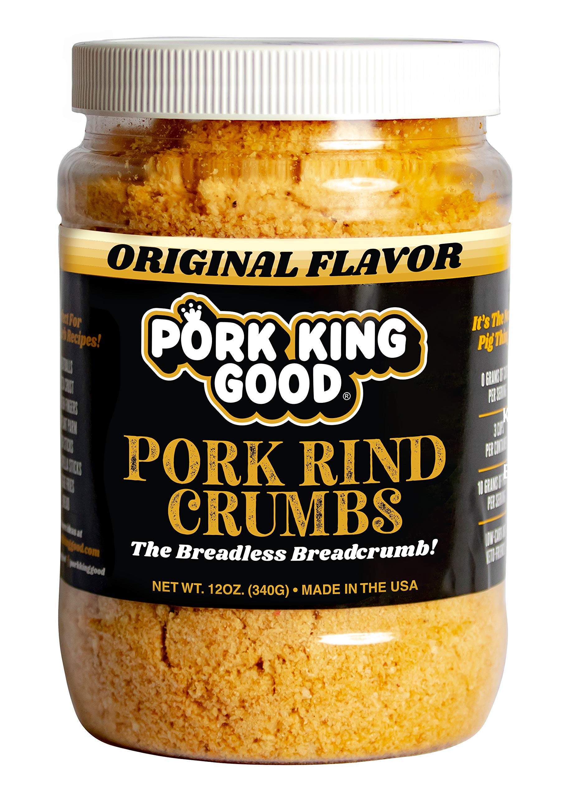 Pork King Good Low Carb Keto Diet Pork Rind Breadcrumbs! Perfect For Ketogenic, Paleo, Gluten-Free, Sugar Free and Bariatric Diets (Original) (Original, 12 Oz Jar)