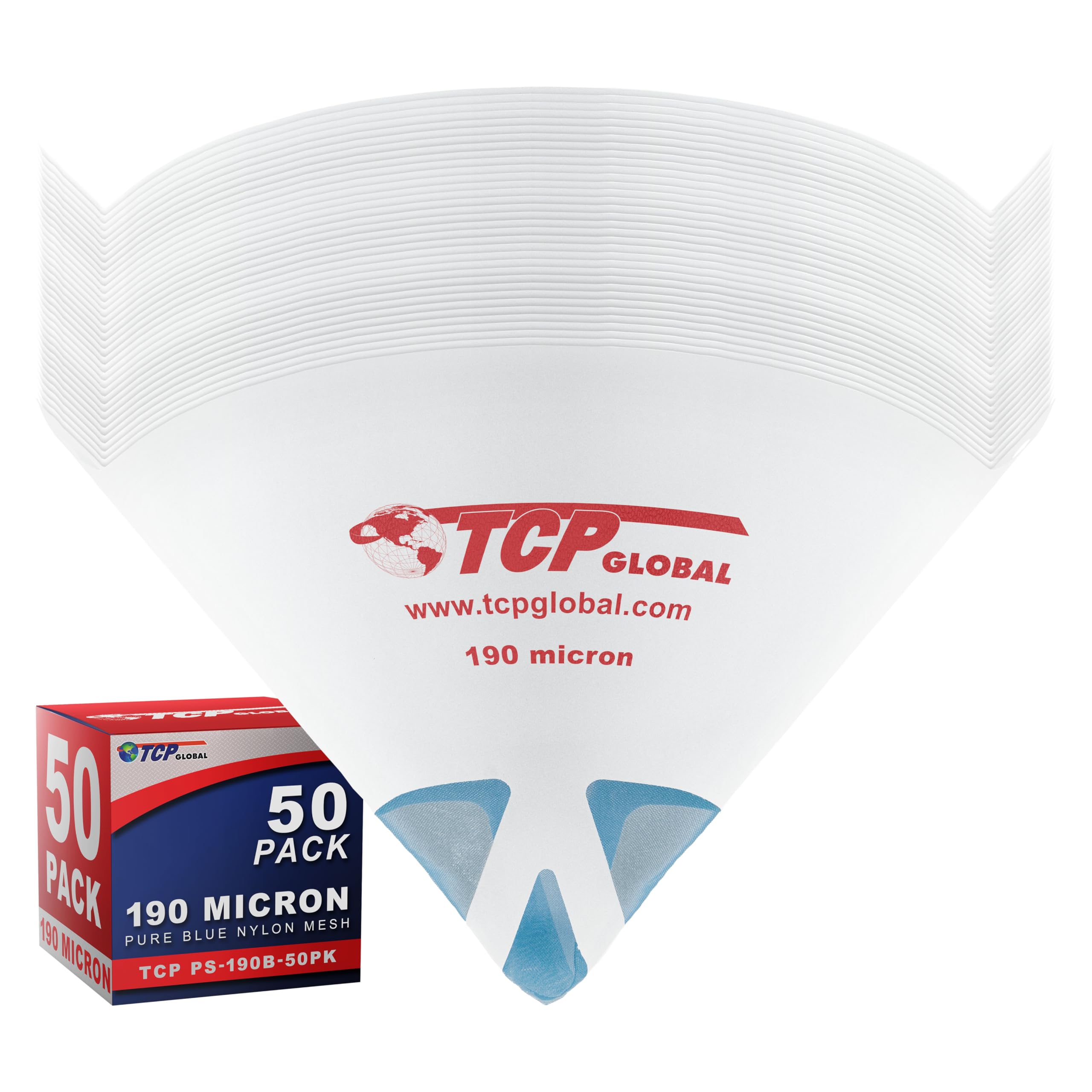 TCP Global - فلاتر ترشيح فائقة الدقة بمسام 190 ميكرون (عبوة من 50) - مصفاة مخروطية من النايلون الأزرق النقي - أقماع تصفية الطلاء للسيارات والمنزل والهوايات