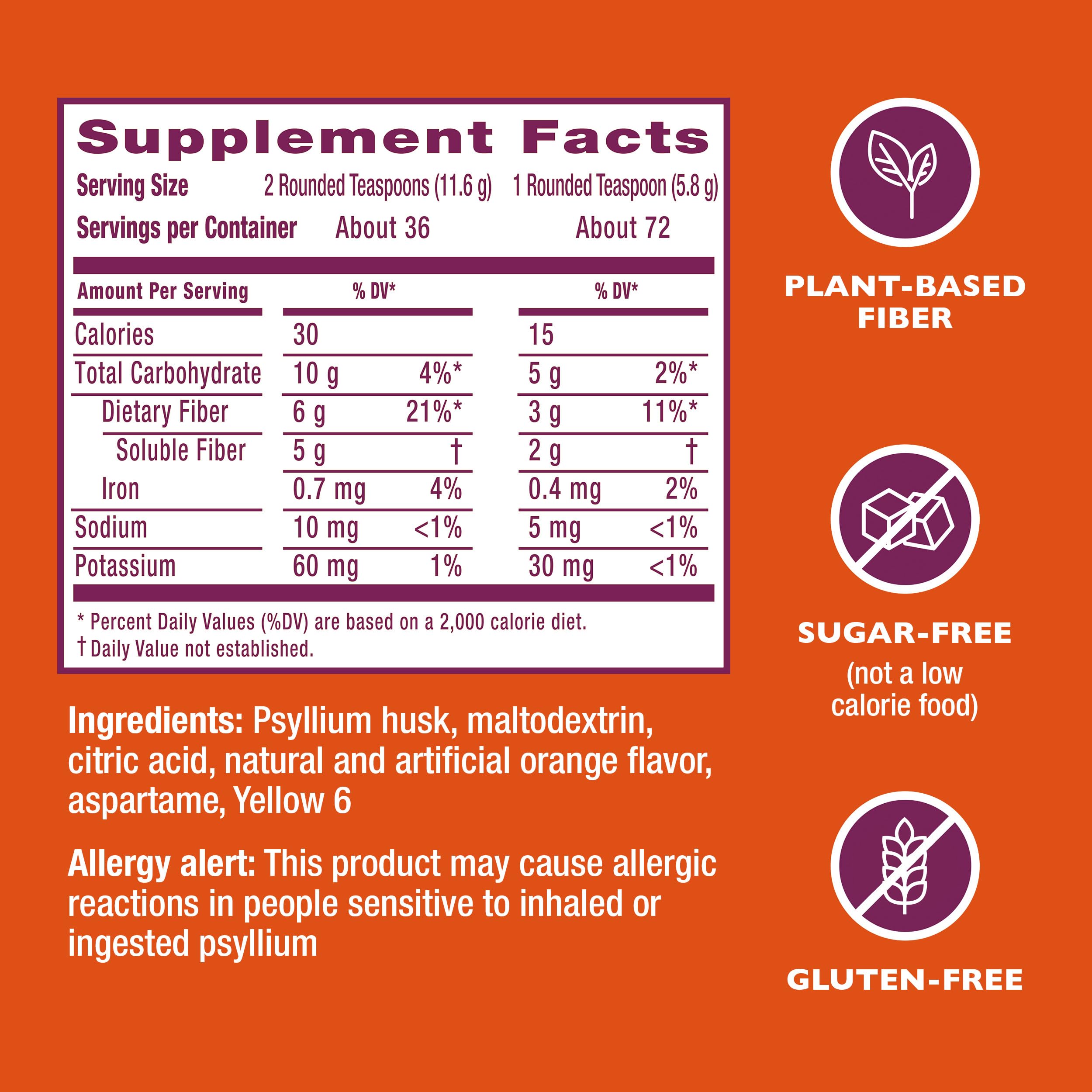 Metamucil 4-in-1 Psyllium Husk Fiber Supplement, Sugar-Free, 72 teaspoons, Orange Flavored, Daily Fiber Powder for Digestive Health, made with Plant-Based Psyllium Husk Fiber