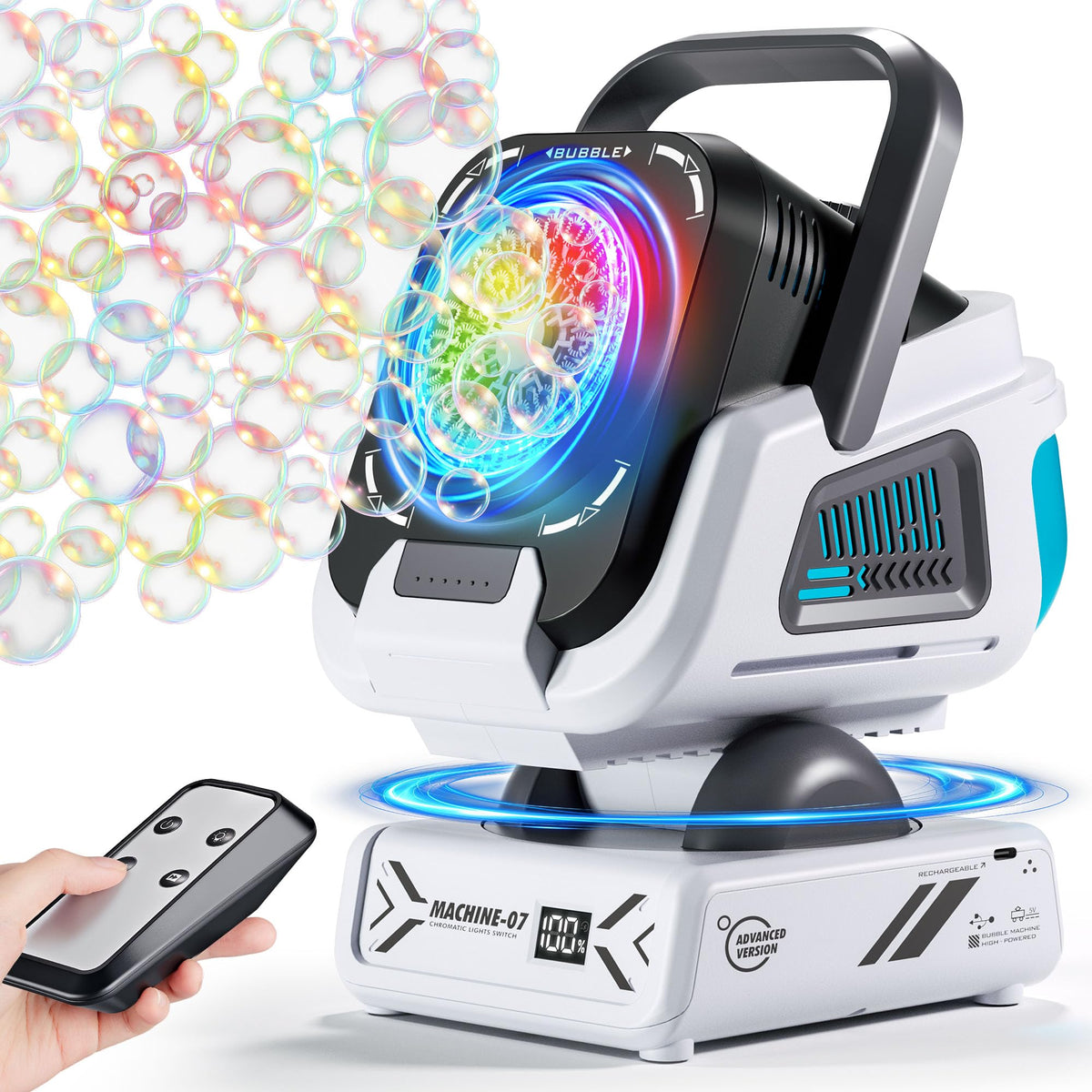 آلة فقاعات مطورة 2025 مع جهاز تحكم عن بعد، دوران تلقائي وأضواء RGB، بطارية قابلة لإعادة الشحن 1800 مللي أمبير في الساعة، شحن Type-C، صانع فقاعات للأطفال، حفلات الزفاف، أعياد الميلاد، الأنشطة الخارجية