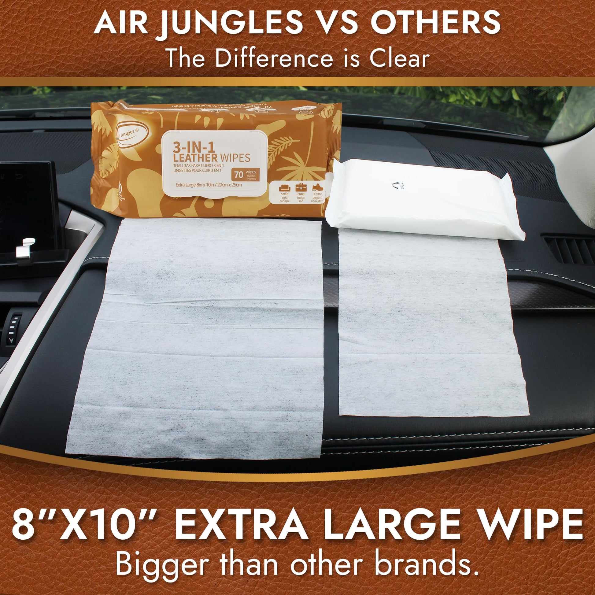 Air Jungles 3in1 Leather Cleaner Wipes 70 Count, Extra Large 8" x 10" Size, Clean Condition Protect Wipes for Vinyl and Leather Apparel Furniture Auto Car Interior Shoes Boots Bags