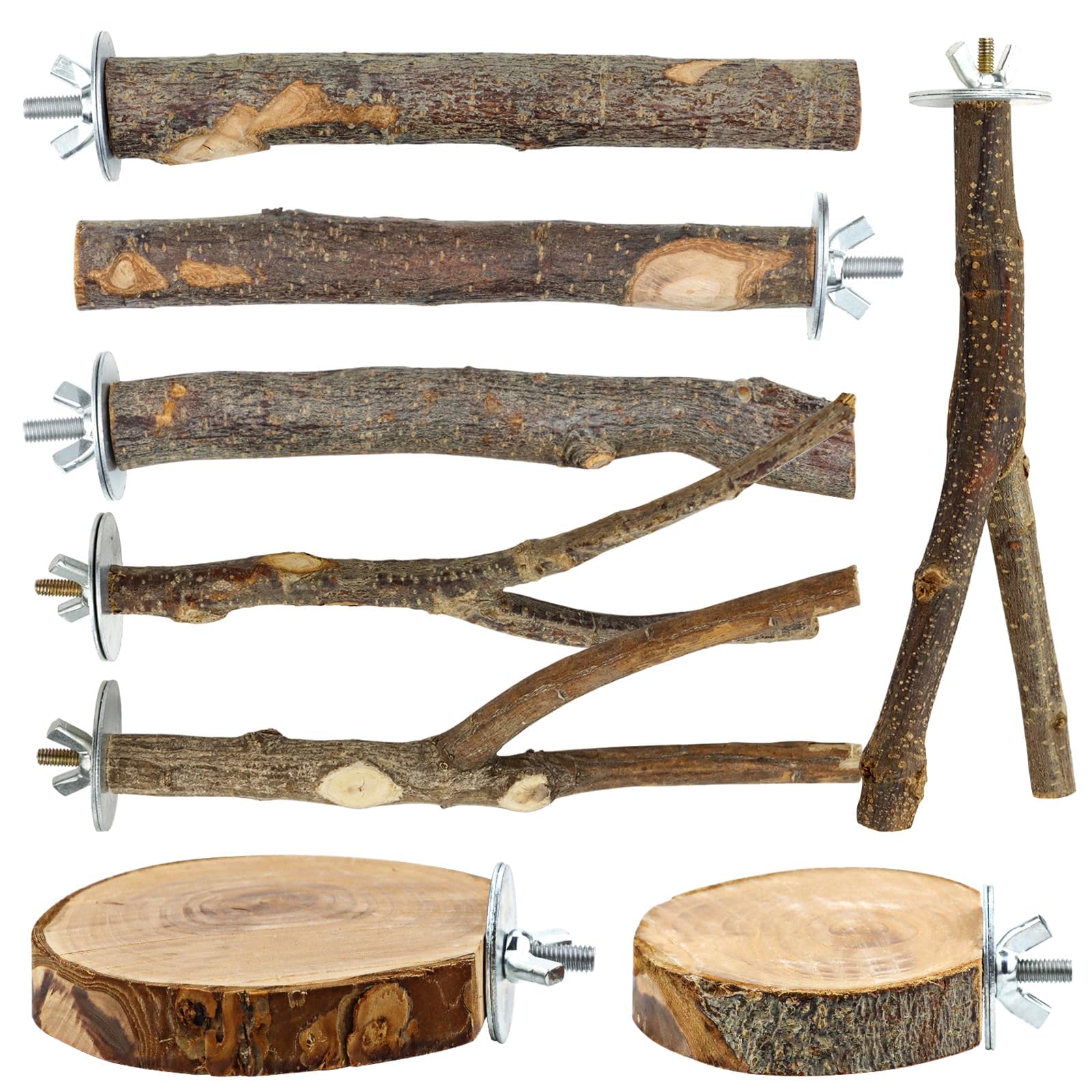 CZWESTC Natural Wood Bird Perches for Cage, Parrot Perch Stand & Platform, Bird Cage Accessories for Parakeets, Cockatiels, Conures, Lovebirds (Brown, Core Perch & Platform - 8PCS)