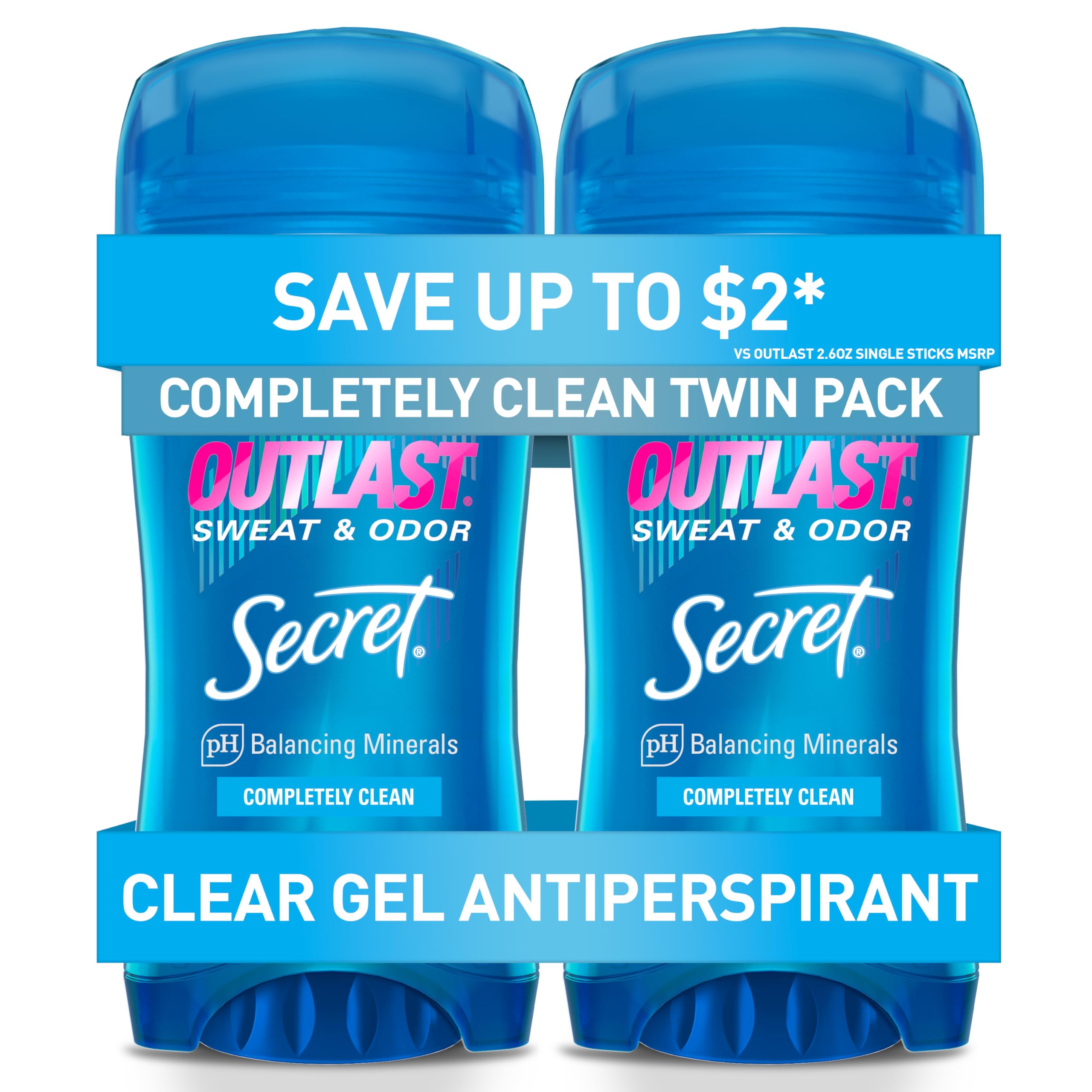 Secret Outlast Antiperspirant Deodorant for Women, 72hr Sweat & Odor Protection, PH Balancing Minerals, Clear Gel, Completely Clean Scent, 2.6 oz (Pack of 2)