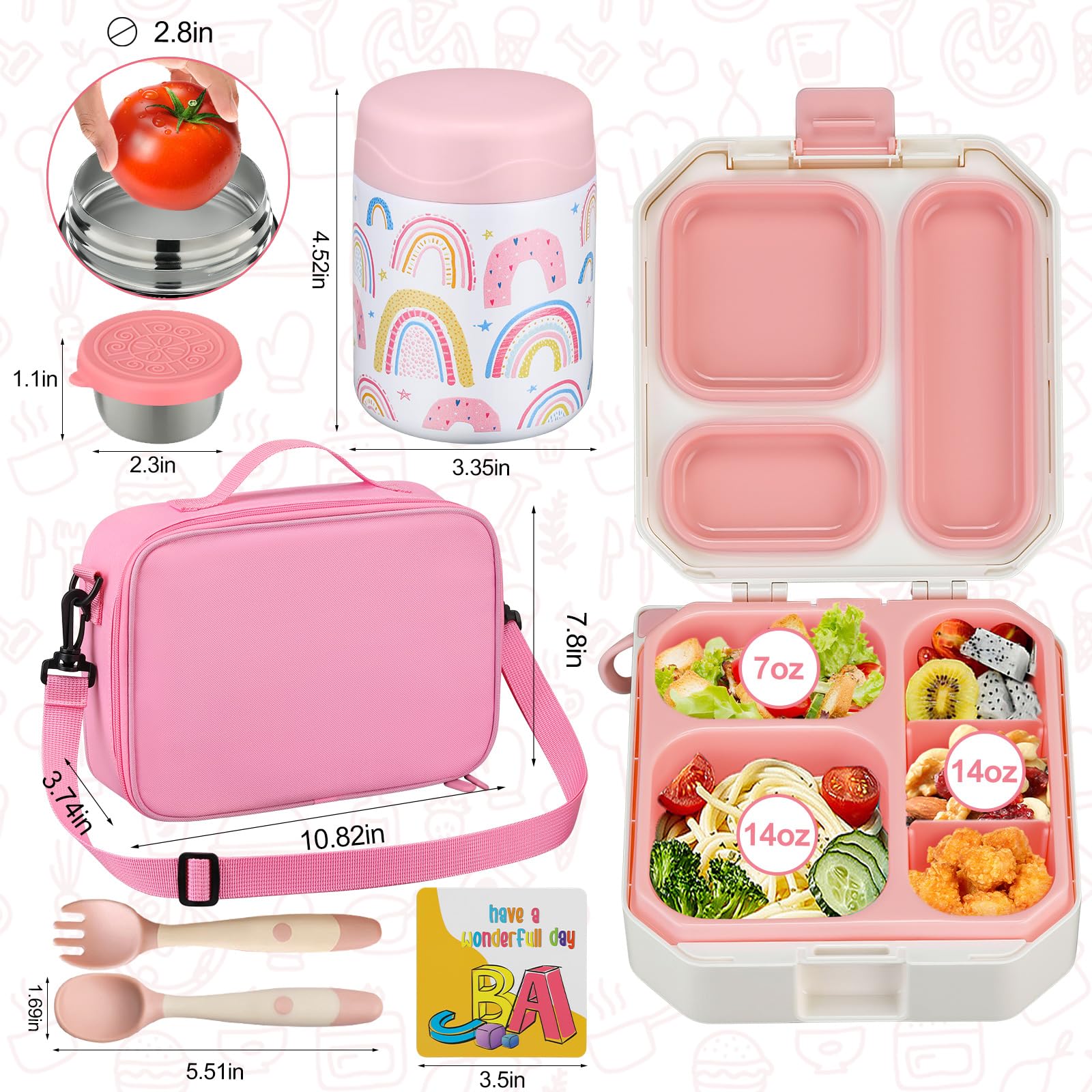wiwens Bento Lunch Box for Kids with 12oz Soup Thermo Leak-Proof Lunch Food Container with 5 Compartment Thermo Hot Food Jar and Insulated Lunch Bag for Kid Toddler Girls Boys to School