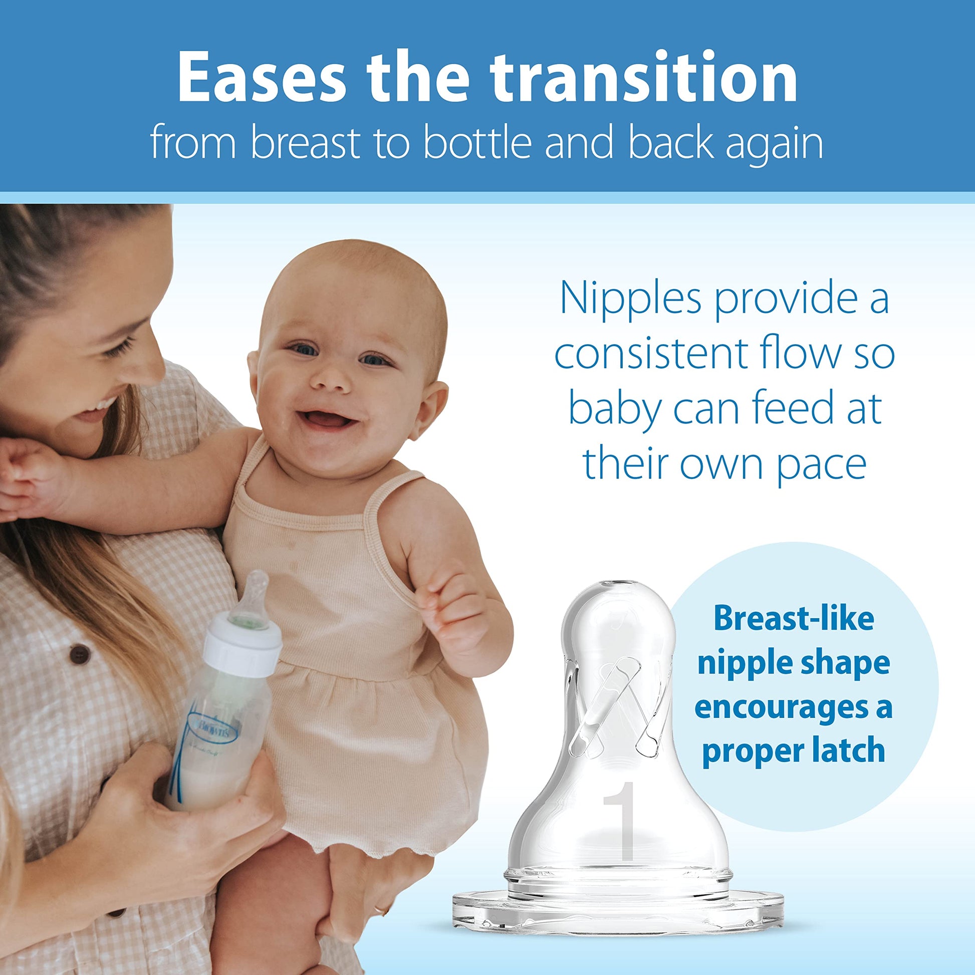 Dr. Brown's Natural Flow Anti-Colic Options+ Narrow Baby Bottle, 8 oz/250 mL, with Level 1 Slow Flow Nipples, 0m+, 4 Pack