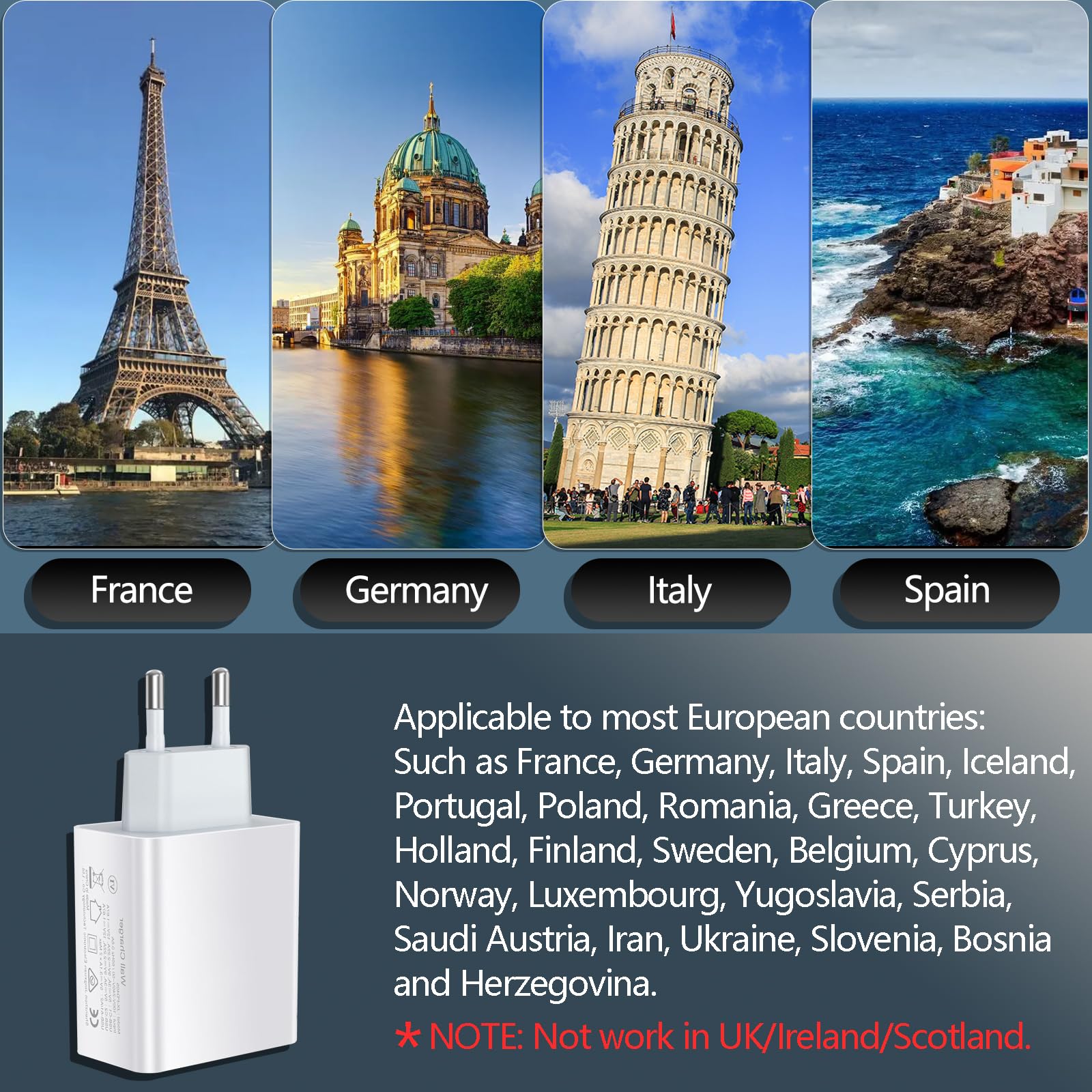 European Travel Plug Adapter USB C, 55W USB C European Charger 4-Port Fast Charger Type C Wall Charger USA to Europe Plug Adapter for iPhone 16 15 14 13 12 11 Pro Max XS X 8, Galaxy, Android
