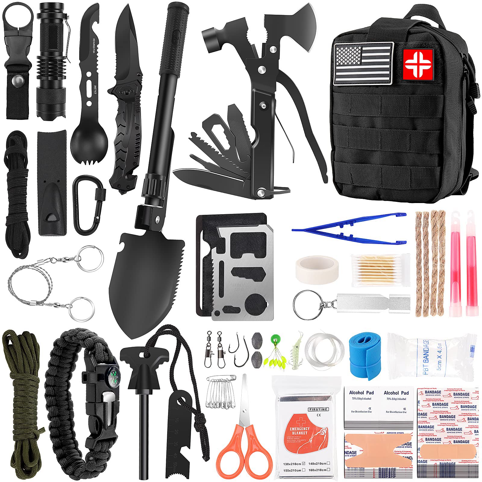 Survival Kit and First Aid Kit, 142Pcs Professional Survival Gear and Equipment with Molle Pouch, for Men Dad Husband Who Likes Camping Outdoor Adventure (Green)