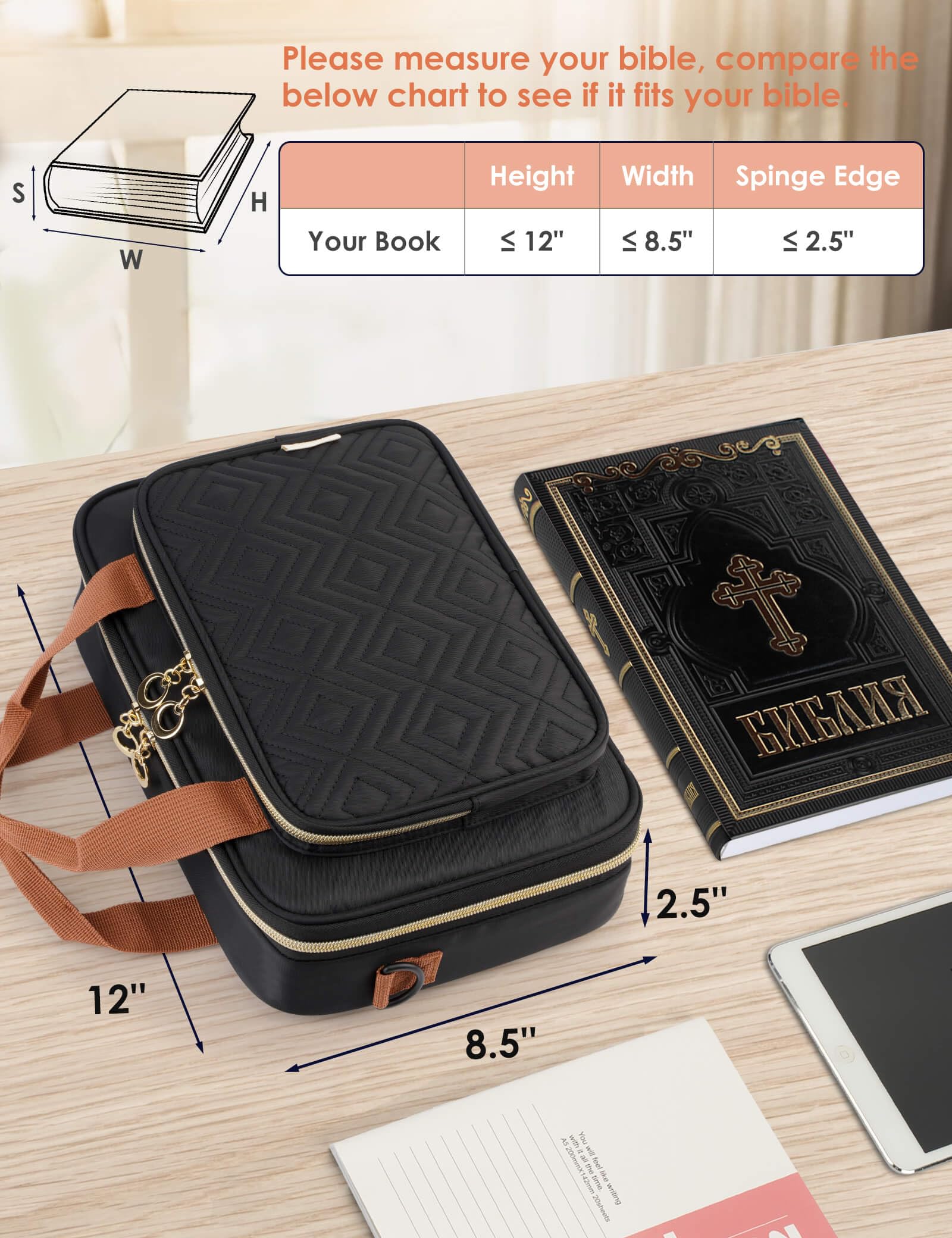 Heouvo Bible Cover Case for Women, Large Bible Bag Carrying Case with Shoulder Strap, Bible Study Supplies Bible Journaling Kit Book Carrying Case with Bible Highlighters Tabs Gift for Lady (Black)