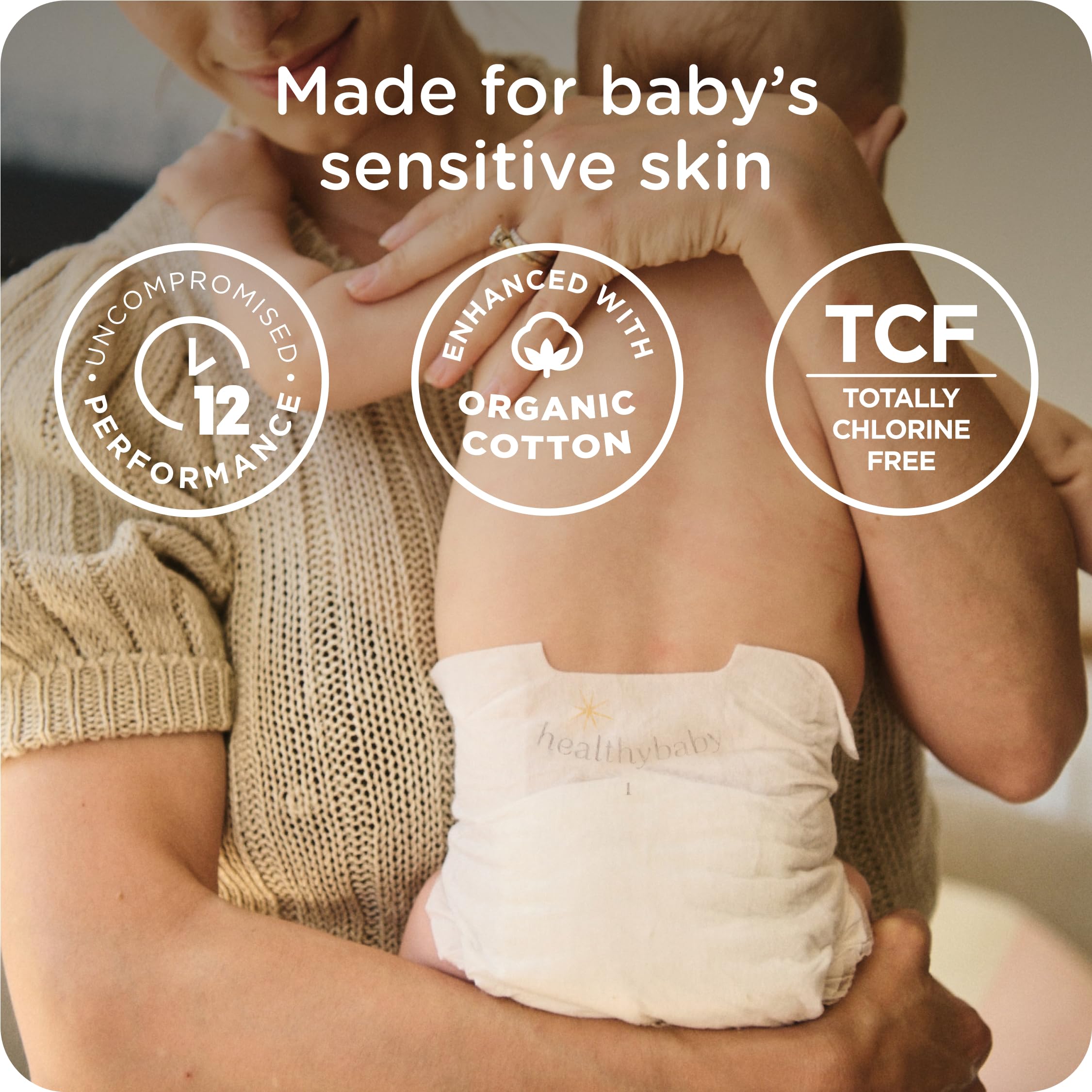 HealthyBaby Our Diapers | EWG Verified Safe & Plant-Based Diapers | Leak Protection | Soft Organic Cotton Shell | Chlorine-Free Diaper for Sensitive Skin | Size 1 (7-14lbs) 70 Count