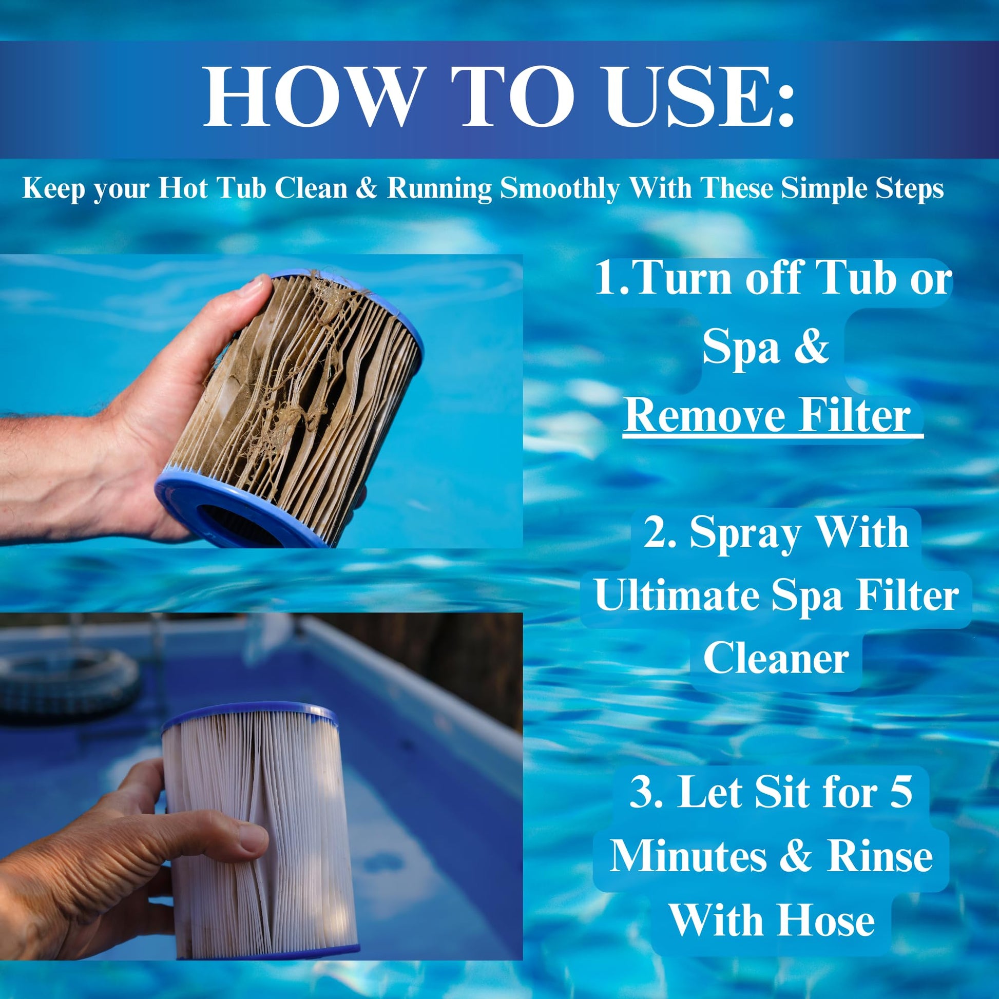 Ultimate Spa Filter Cleaner Fast-Acting Spray. Instant clean for Hot Tub & Pool Filters leaving behind no sticky residue. Prolongs filter life and pool equipment. No soaking. (1-Gallon)