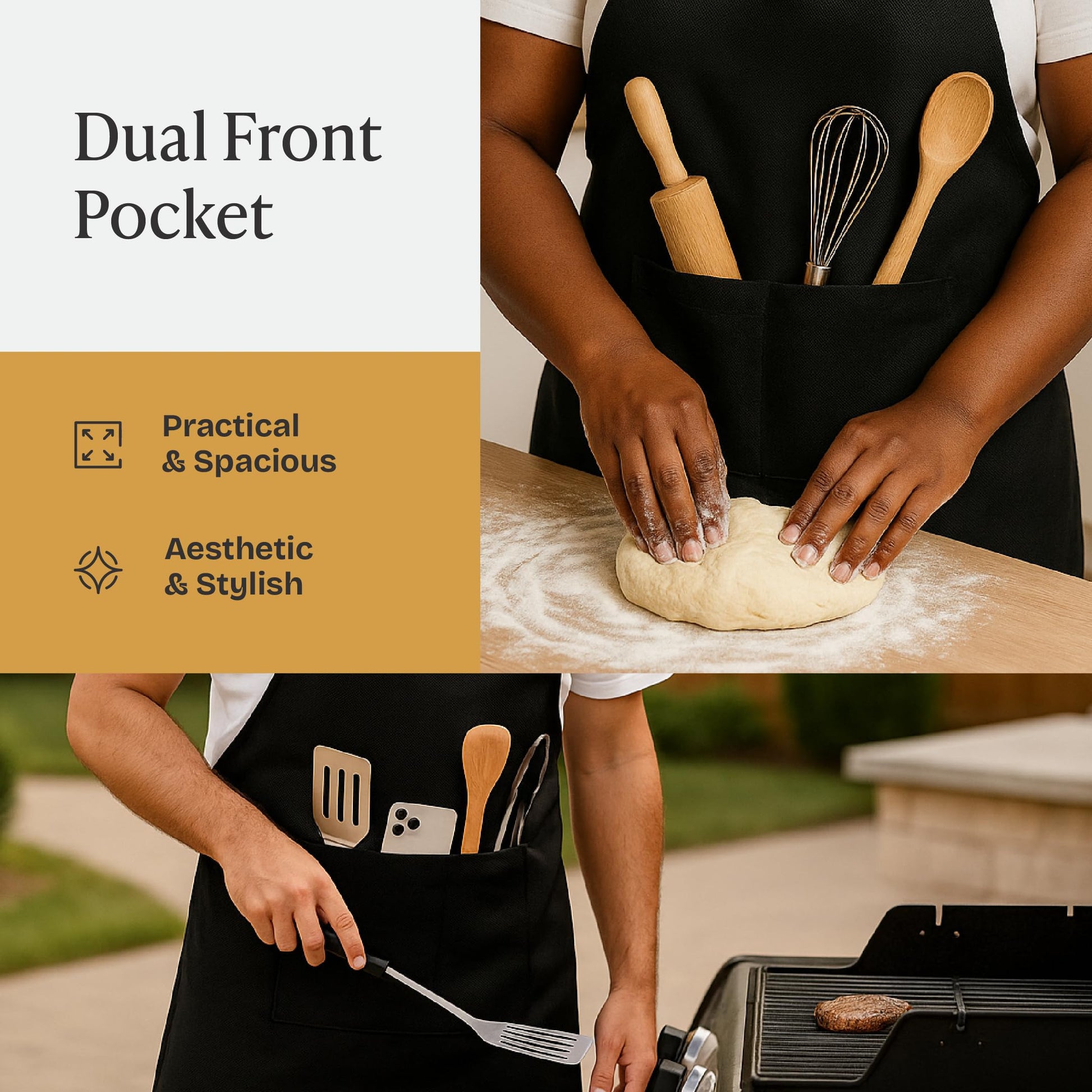 Will Well Chef Apron for Men and Women - 33" x 27" Large with 38" Waist Ties for a Comfy and Snug Fit, Durable and Lightweight, with 2 Spacious Pockets for Your Cooking Essentials - 1-Pack, Black