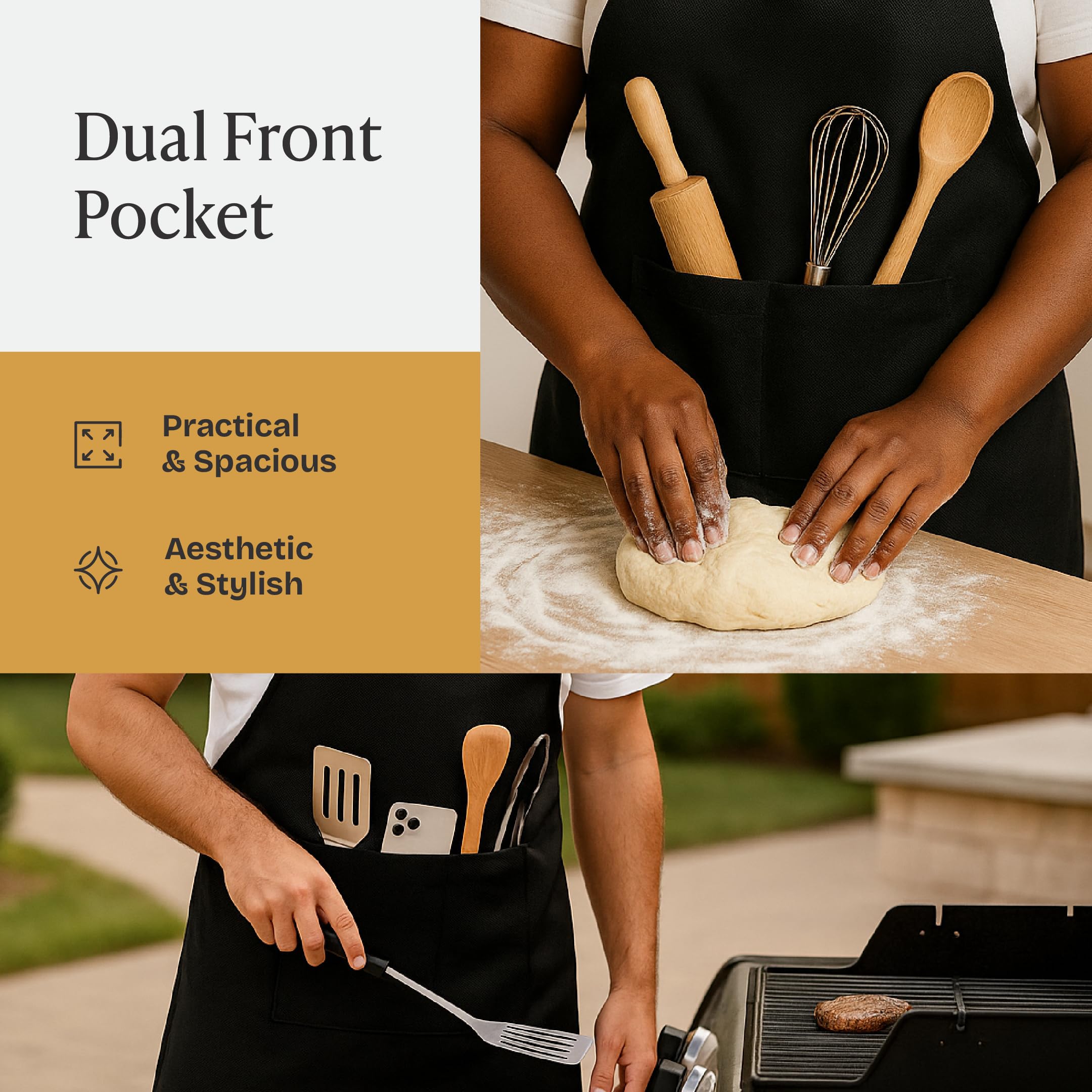 Will Well Chef Apron for Men and Women - 33" x 27" Large with 38" Waist Ties for a Comfy and Snug Fit, Durable and Lightweight, with 2 Spacious Pockets for Your Cooking Essentials - 1-Pack, Black