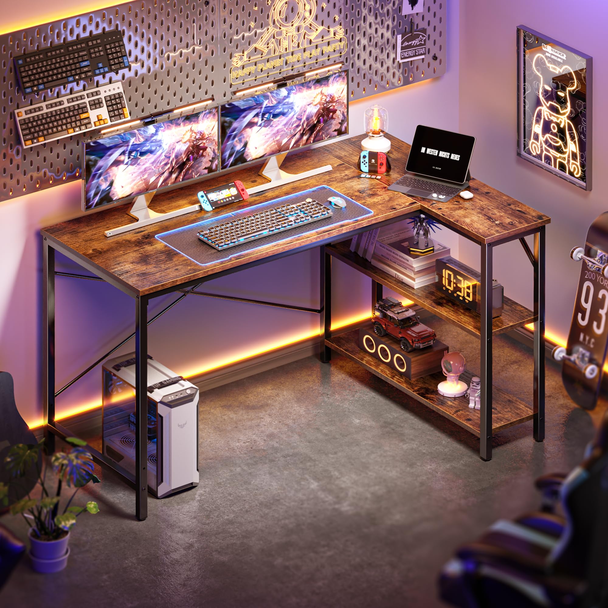 Huuger 47 Inches L Shaped Desk, Computer Desk with Reversible Storage Shelves, for Gaming Corner Home Office Writing Study, Metal Frame, Rustic Brown