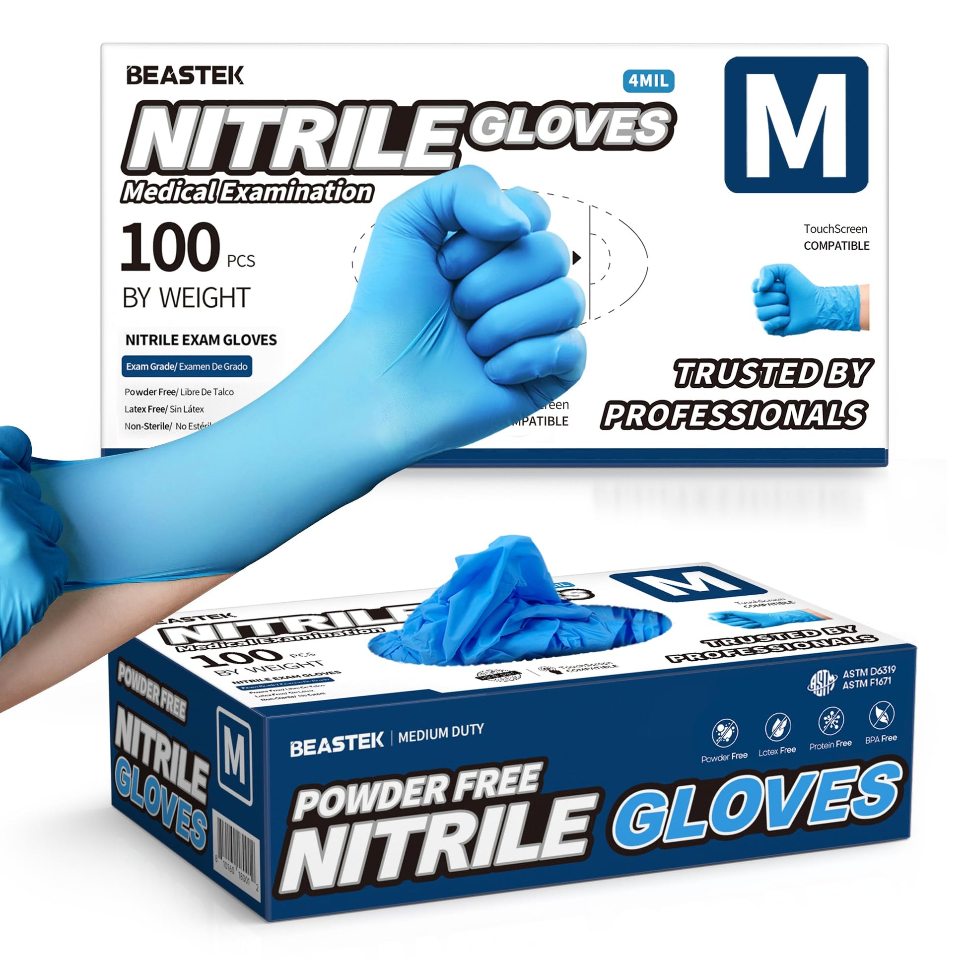 Beastek Blue Nitrile Exam Gloves, 4 mil Powder-Free Latex-Free Non-Sterile Food Safe Disposable Medical Glove, 100 Pcs (Large)