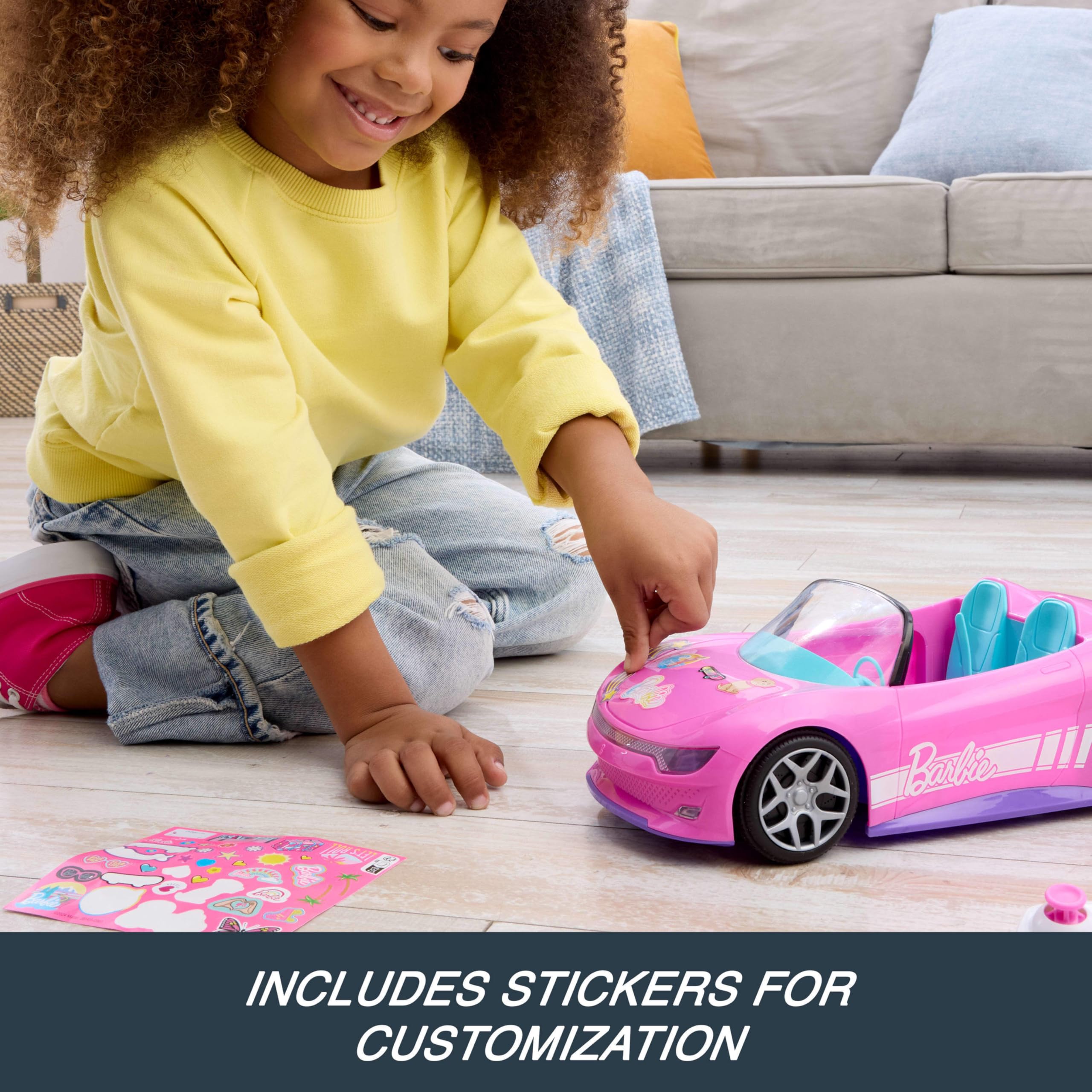 Hot Wheels Barbie RC Toy Car, Remote-Control Pink Convertible, Can Hold 2 Barbie Fashion Dolls & Trunk Opens for Storage, Sticker Sheet for Customizing