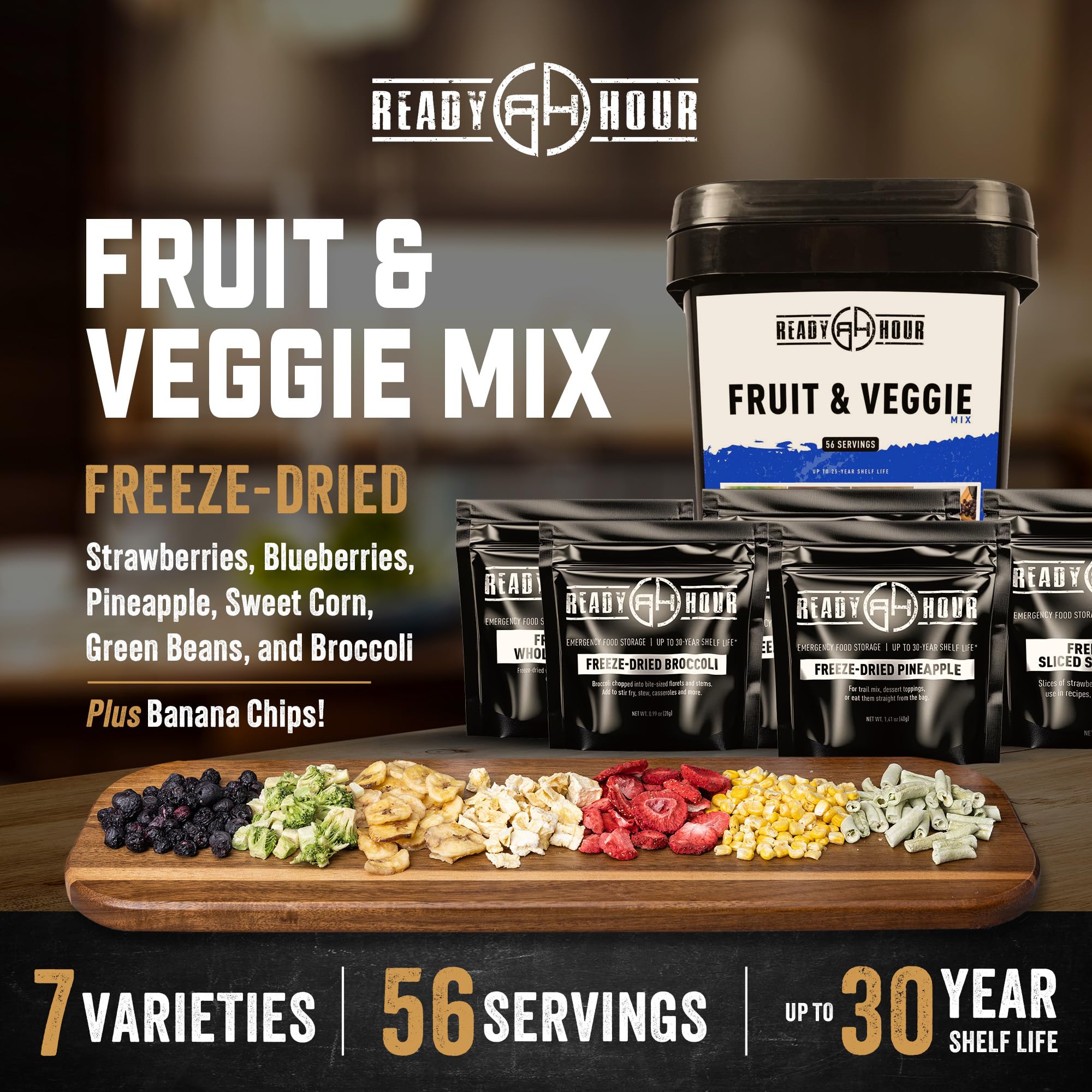 Ready Hour, Fruit & Veggie Mix, Non-Perishable Freeze-Dried Food, 30-Year Shelf Life, Portable Emergency and Adventure Food Supply, Durable Flood Safe Container, 56 Servings