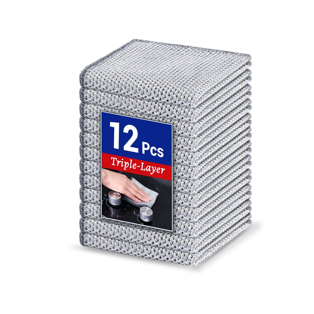 12 PCS New Upgrade 3-Layer Non-Scratch Multipurpose Steel Wire Dishcloths - Reusable Quick-Dry Odor-Free Scrub Cloths for Dishes, Kitchen Cleaning Cloths for Cookware, Sinks, Stove Tops 7.87" x 7.87"