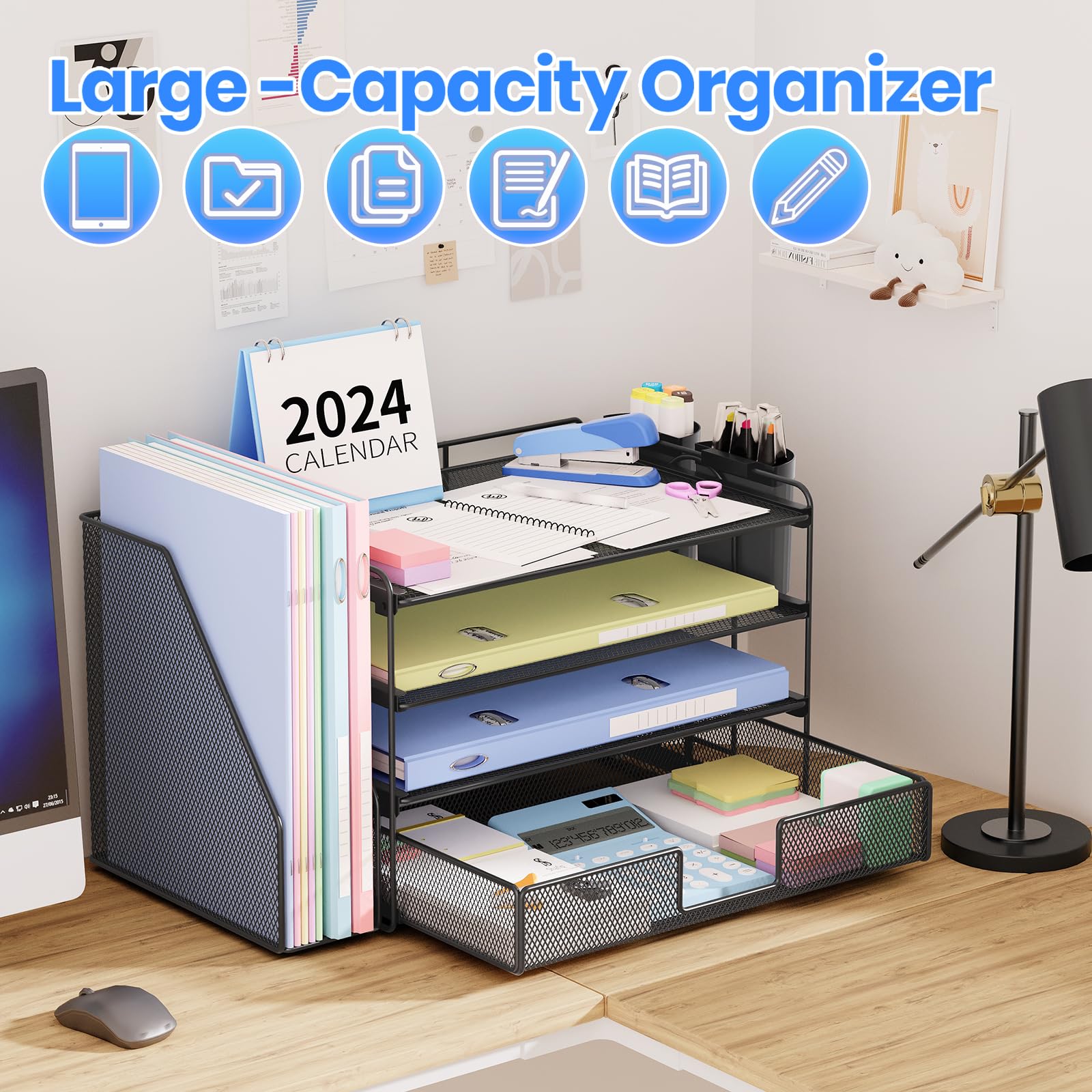 OPNICE Desk Organizer and Accessories, 4-Tier Desktop File Organizer with Drawer and 2 Pen Holders, Office Desk Accessories, Workspace Organizers for Office Supplies(Black)