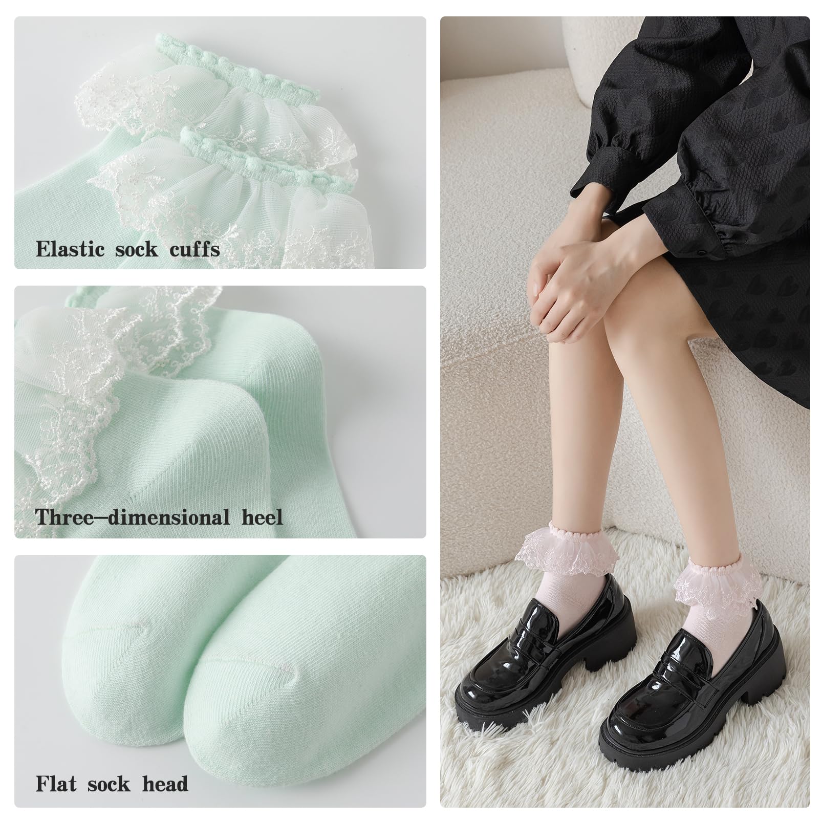 AMHRLINGTO Lace Ruffle Frilly Ankle Socks for Women - Cotton Socks Double Layer Lace Socks (White-1 Pairs)