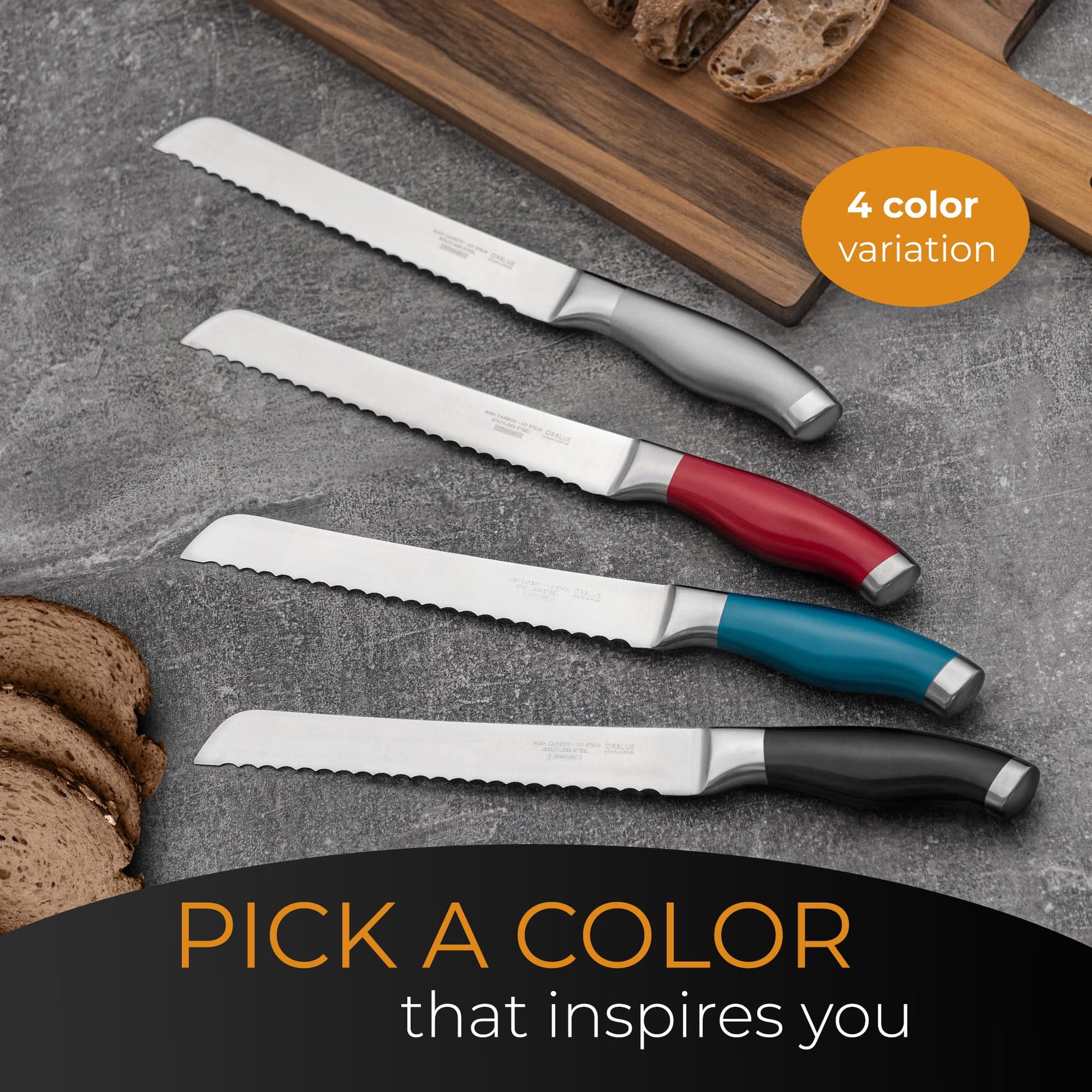 Orblue Serrated Bread Knife with Upgraded Stainless Steel Razor Sharp Wavy Edge Width - Bread Cutter Ideal for Slicing Homemade Bagels, Cake (8-Inch Blade with 5-Inch Handle)