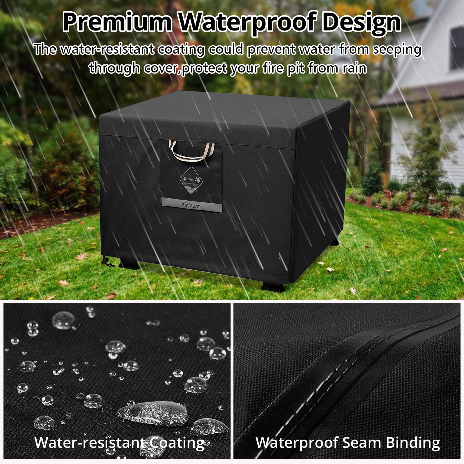 QH.HOME Fire Pit Cover Square Heavy Duty Fabric 100% Waterproof, Fits Outdoor for 29”,30 inch,31 inch,32 inch Fire Pit/Table Cover,Gas Fire Pit Cover (32”L x 32”W x 24”H,Black)