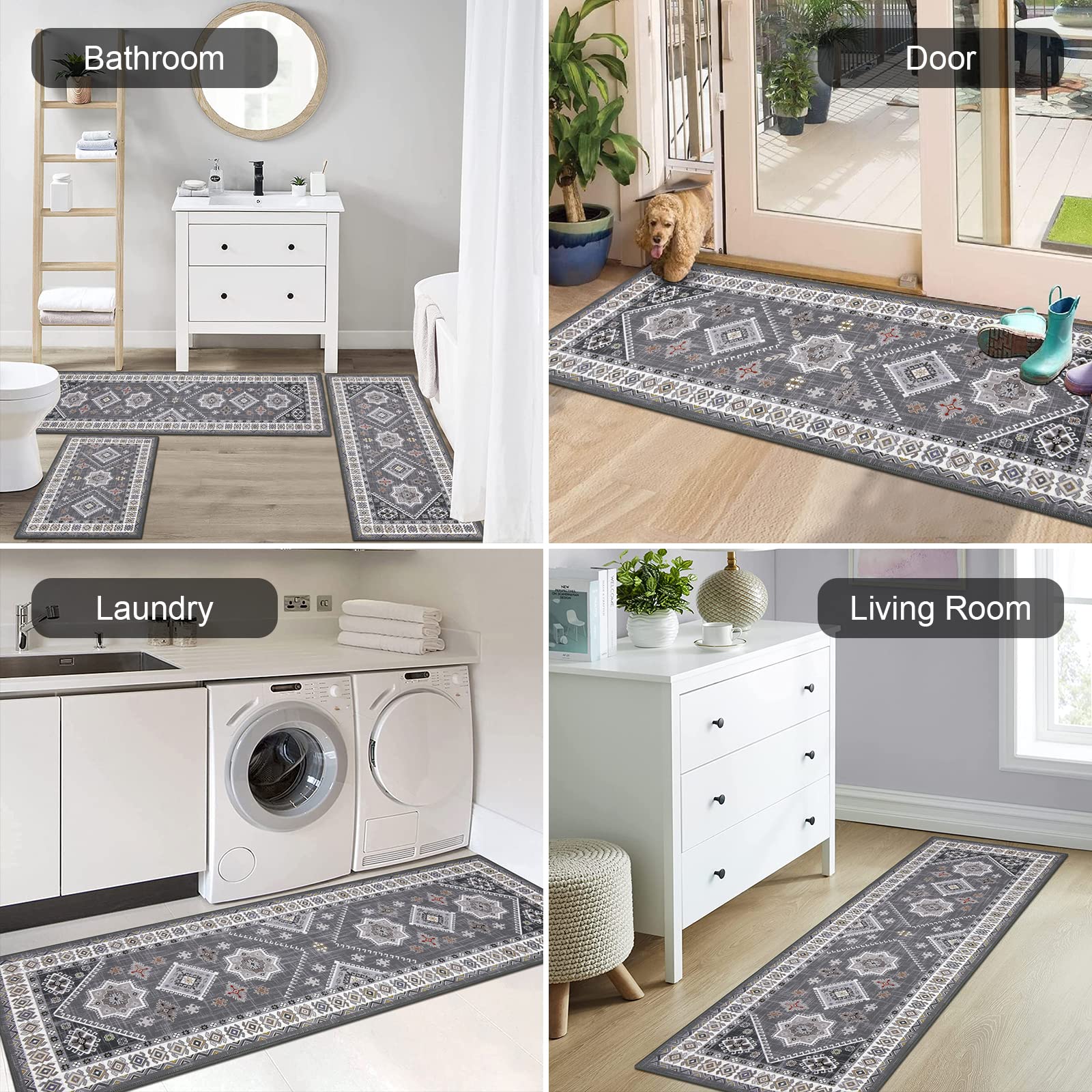 HEBE Boho Kitchen Rug Sets 3 Piece with Runner Non Slip Kitchen Rugs and Mats Washable Kitchen Mats for Floor Thick Kitchen Floor Mat Carpet Runner Rugs for Hallway Laundry Holiday Decor