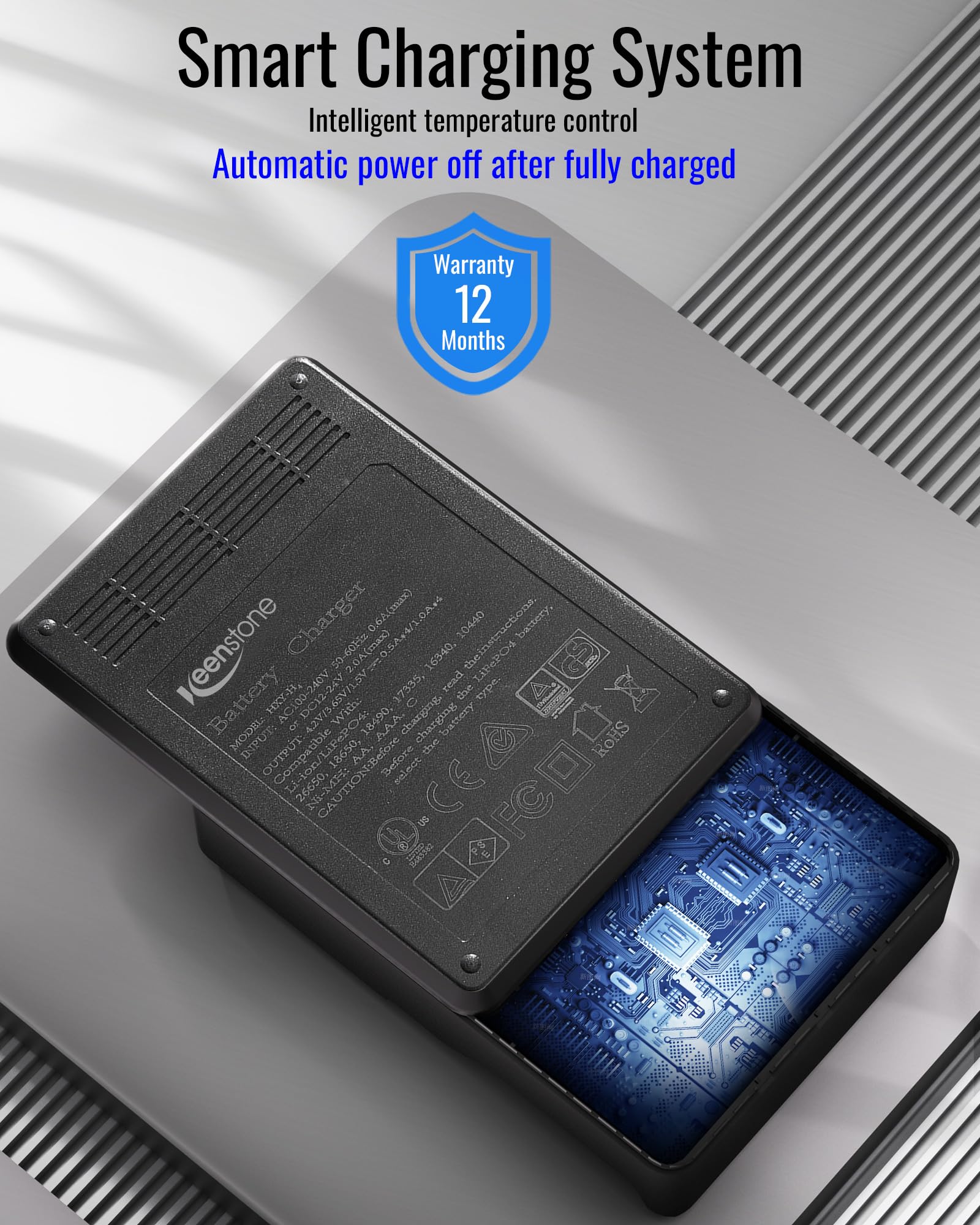 Keenstone 18650 Battery Charger, Smart Universal Charger LCD Display for Rechargeable Batteries Ni-MH Ni-Cd AA AAA Li-ion LiFePO4 IMR 10440 14500 16340 RCR123A 26650