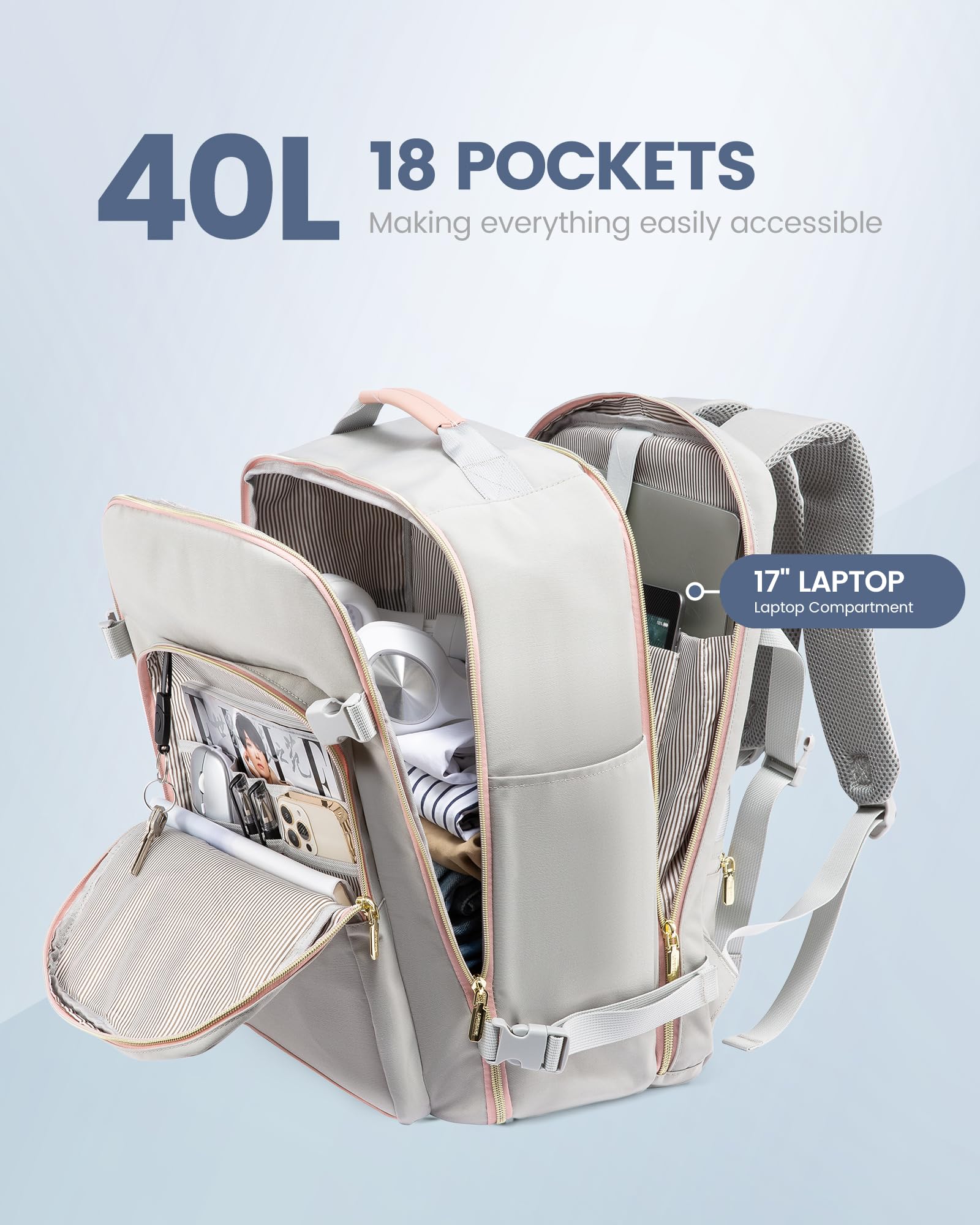 LOVEVOOK Carry on Travel Backpack, 40L Waterproof Large 17inch Laptop Luggage Daypack as Personal Item Flight Approved, Business Weekender Overnight with 3 Packing Cubes, Light gray-Pink
