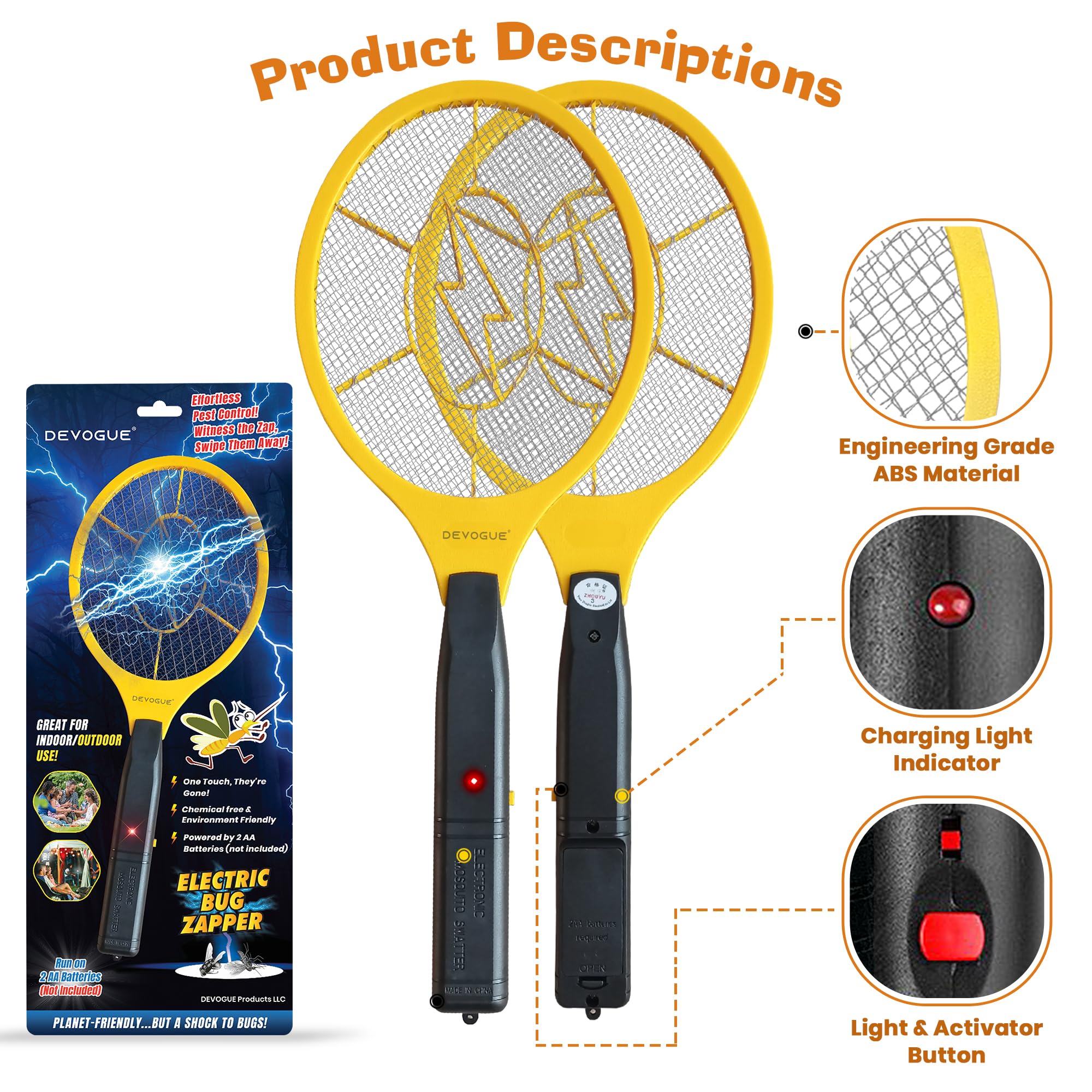 DEVOGUE® Electric Fly Swatter Bug Zapper Battery Operated Flies Killer Indoor & Outdoor Pest Control Mosquito Zapper and Insect Catcher Racket