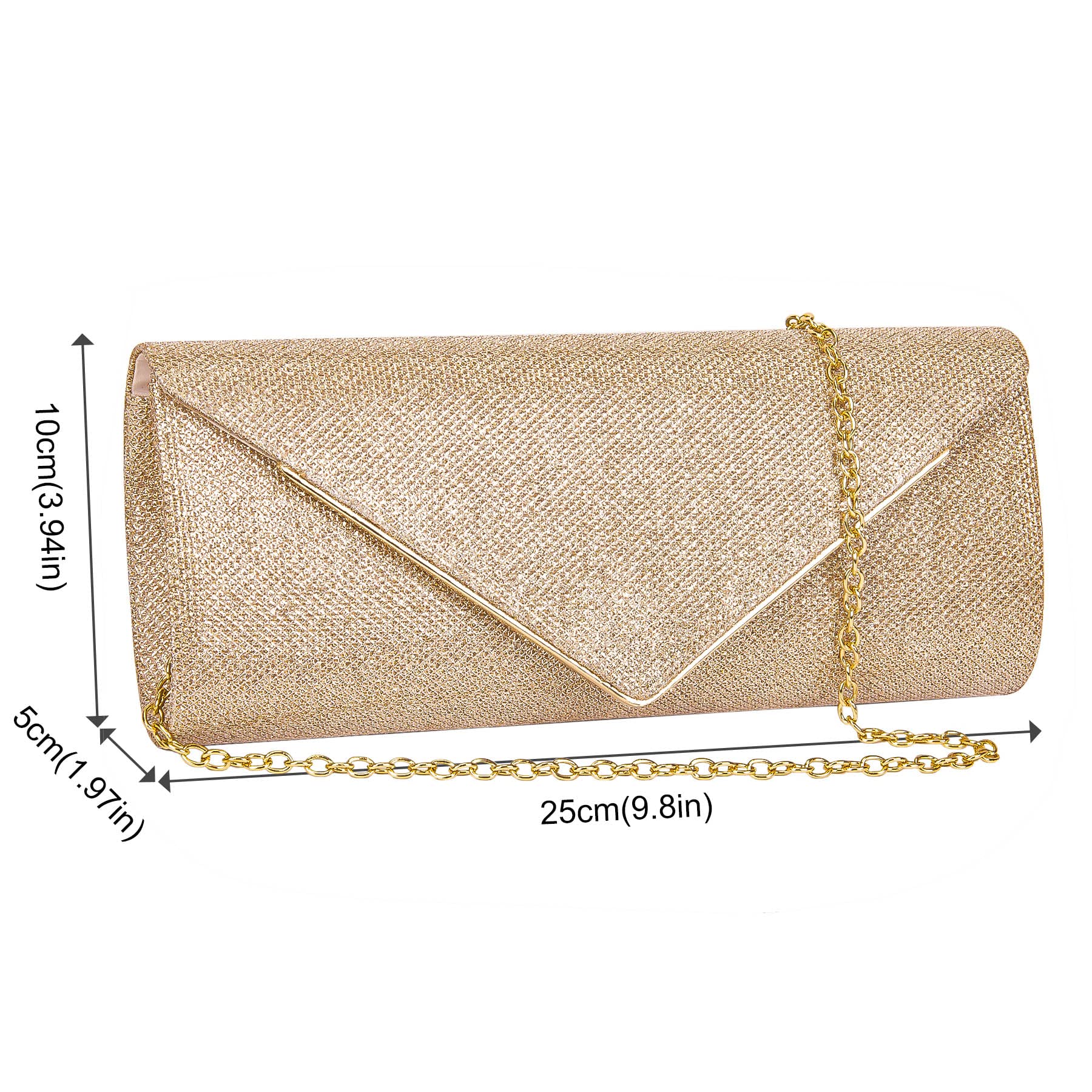 Larcenciel Clutch Purses for Women, Sparkling Envelope Evening Bag with Detachable Chain, Glitter Sequins Metal Formal Handbag Shoulder Crossbody Bag Prom Party Purse Bridal Wedding Bag-Champagne Gold