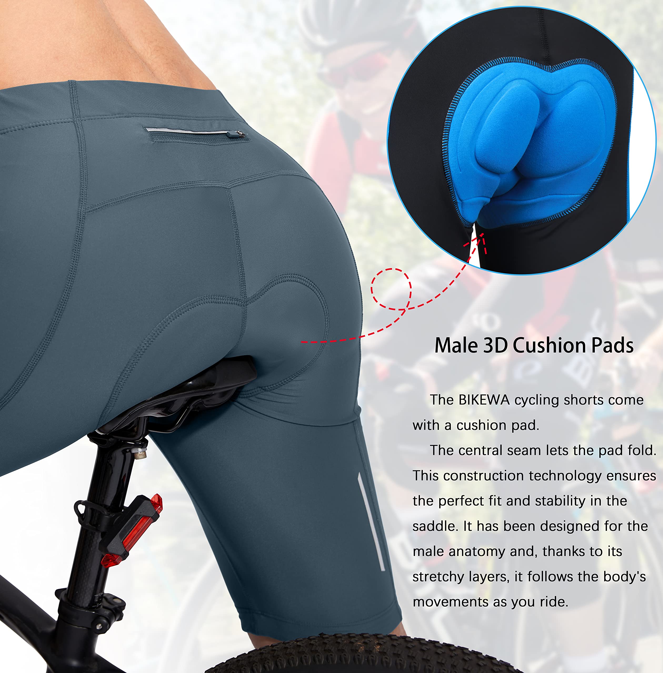 Men's Bike Shorts 3D Padded Cycling Road Biking Underwear Mountain Riding Biker Bicycle UPF 50+ Cycle Shorts Zipper Pockets(Blue Grey,L)