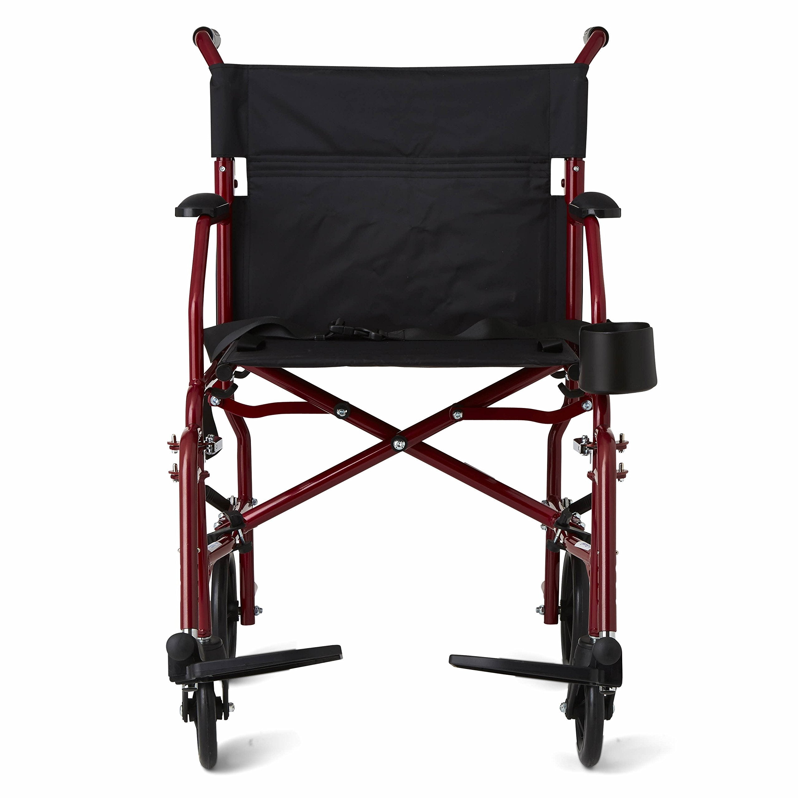 Medline Ultra Lightweight Transport Wheelchair for Adults, Foldable, 19-Inch Seat Width, Red Frame, Black Upholstery