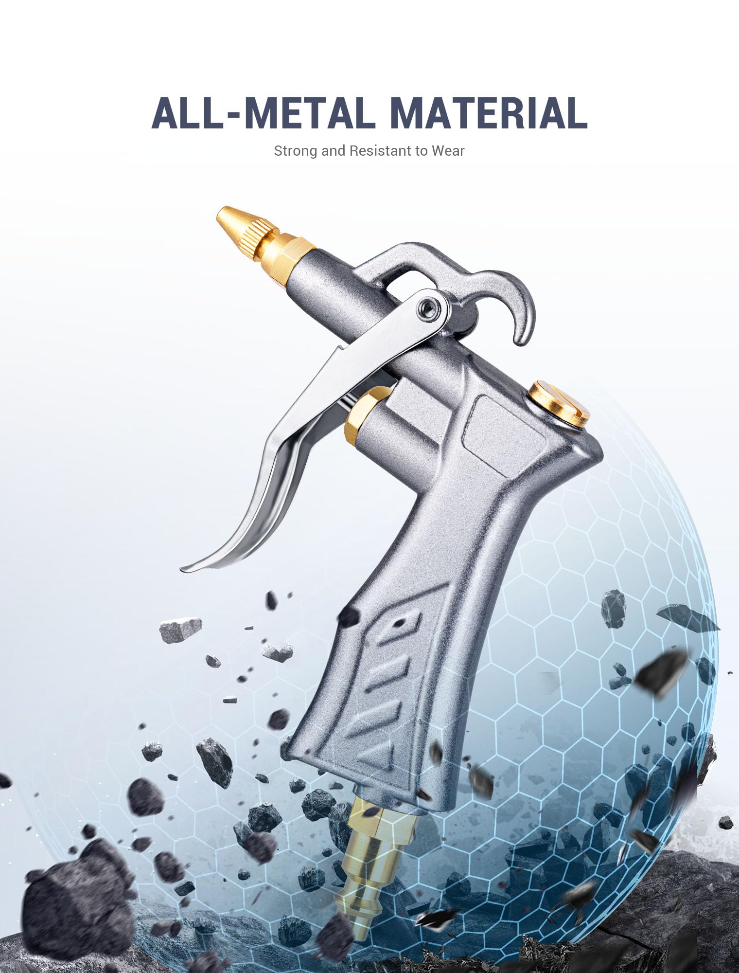 JASTIND Industrial Air Blow Gun with Brass Adjustable Air Flow Nozzle and 2 Steel Extension, Pneumatic Air Compressor Accessory Tool Dust Cleaning and Blower Gun