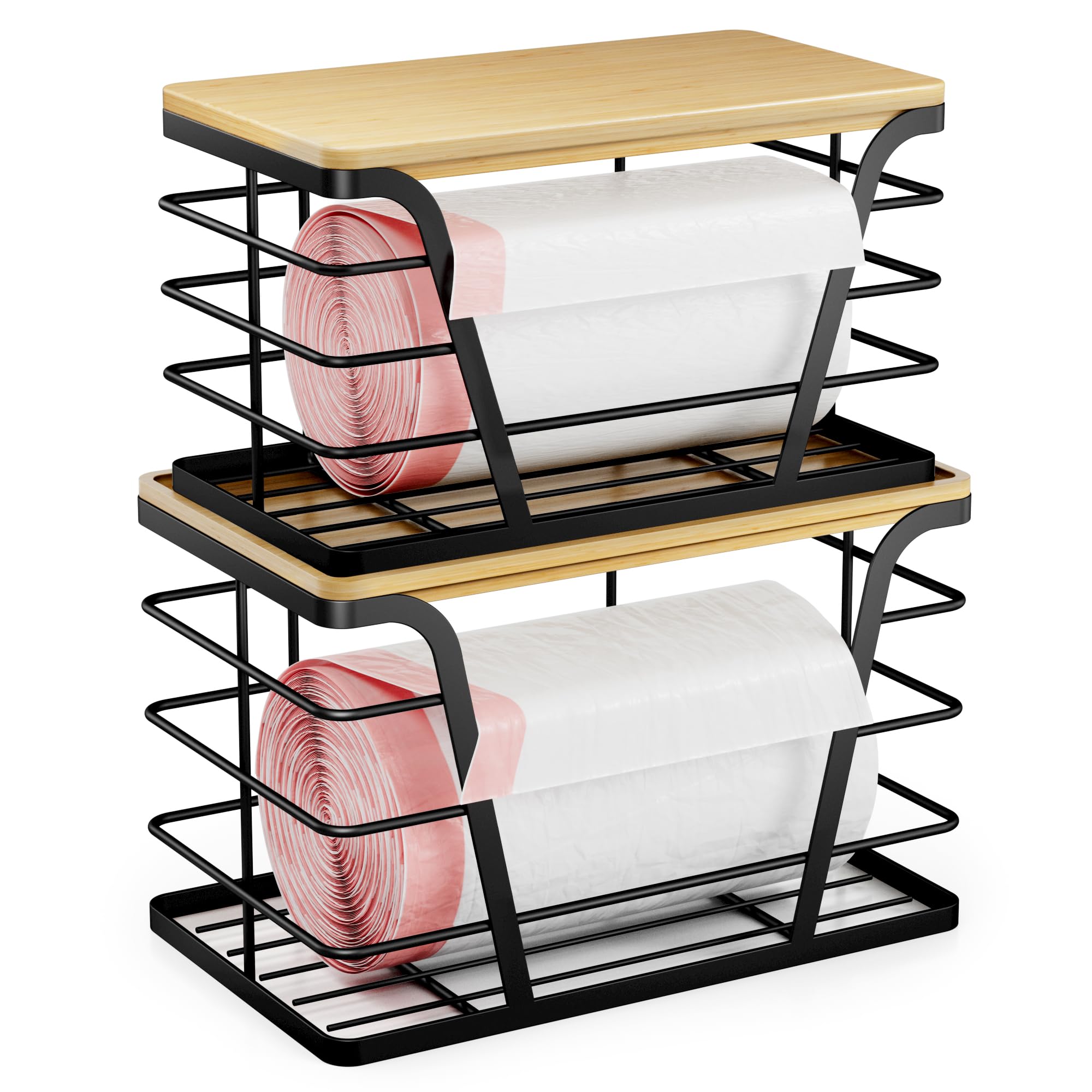 TIDIIABODE 2 Pack Stackable Storage Laundry Kitchen Organizers, Wall Mount Trash Bag Holder with Bamboo Top and Garbage Bag Dispenser No Drill