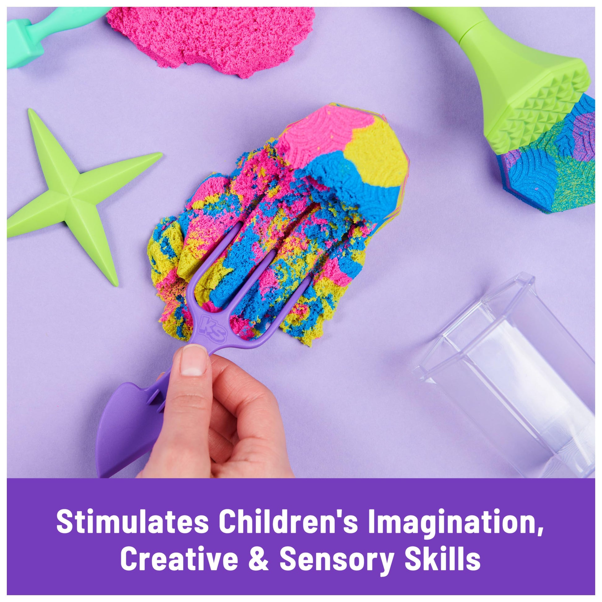 Kinetic Sand, Squish N’ Create Playset with 13.5oz Blue, Yellow & Pink Play Sand, 5 Tools, Sensory Toys for Kids Ages 3 and up