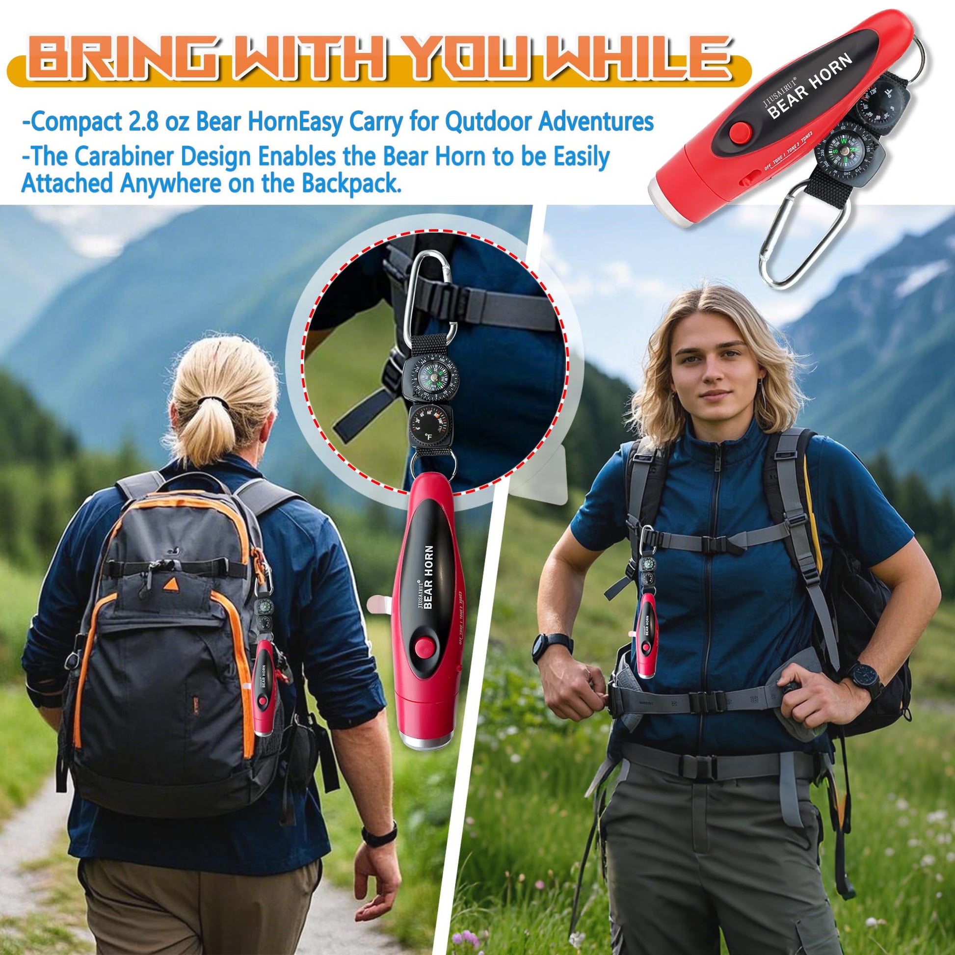 JIUSAIRUI 120dB Electronic Air Horn with Compass & Thermometer- Bear Horn to Scare Bears - Self Defense for Hiking