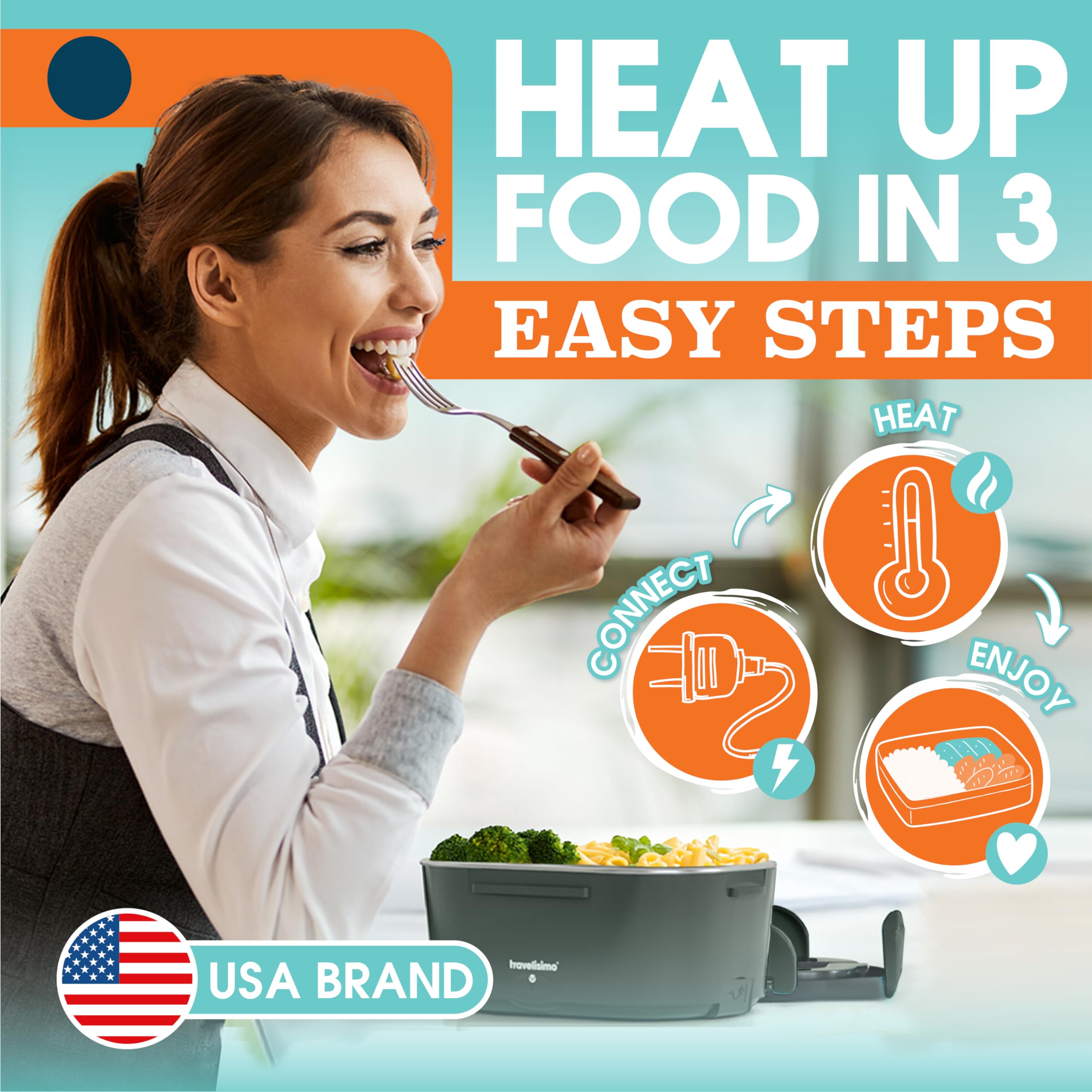 TRAVELISIMO Electric Lunch Box for Adults, 80W Heated Lunch Box 1.5L Stainless Steel Portable Food Warmer, 12/24/110V Lonchera Electrica Portatil for Travel & Work, Loncheras para Hombres de Trabajo