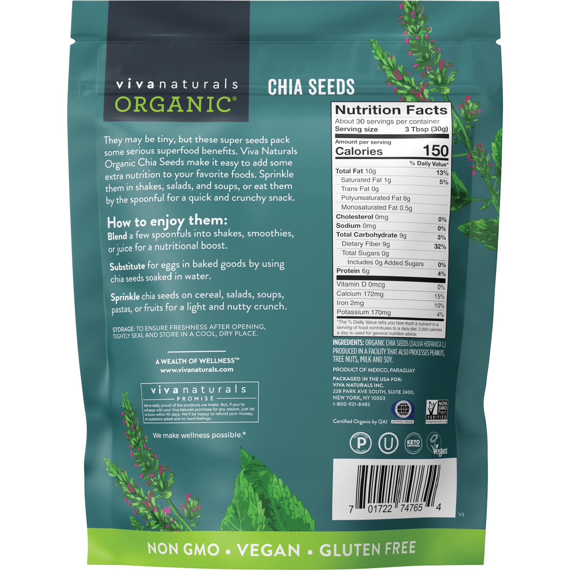 Viva Naturals Organic Chia Seeds 2 LBs - Plant-Based Omega-3 and Vegan Protein, Non-GMO Chia Seeds Organic Perfect for Smoothies, Salads and Chia Seed Pudding, Black Chia Seeds Bulk