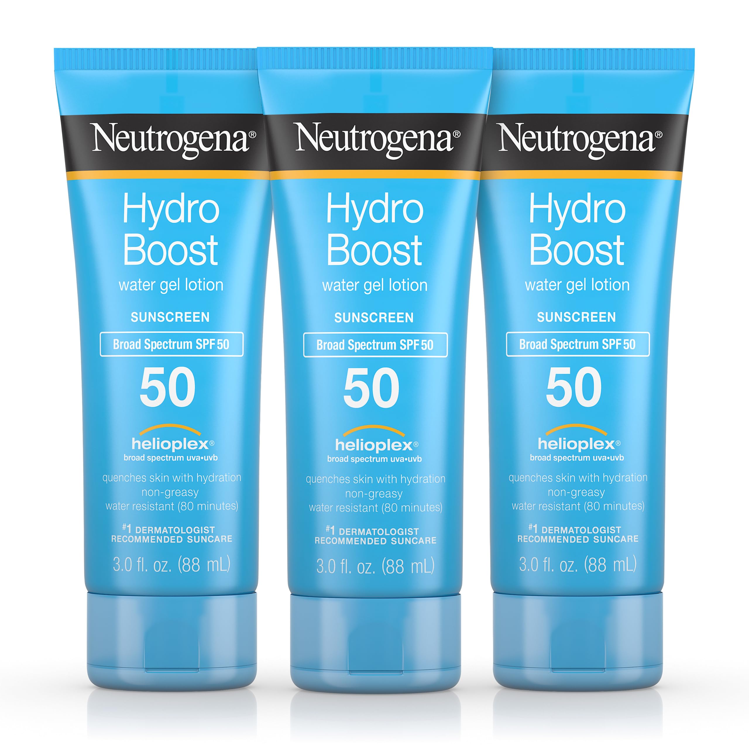 Neutrogena Hydro Boost Moisturizing Water Gel Sunscreen Lotion with Broad Spectrum SPF 50, Water-Resistant & Non-Greasy Hydrating Sunscreen Lotion, Oil-Free, 3 fl. oz, Pack of 3