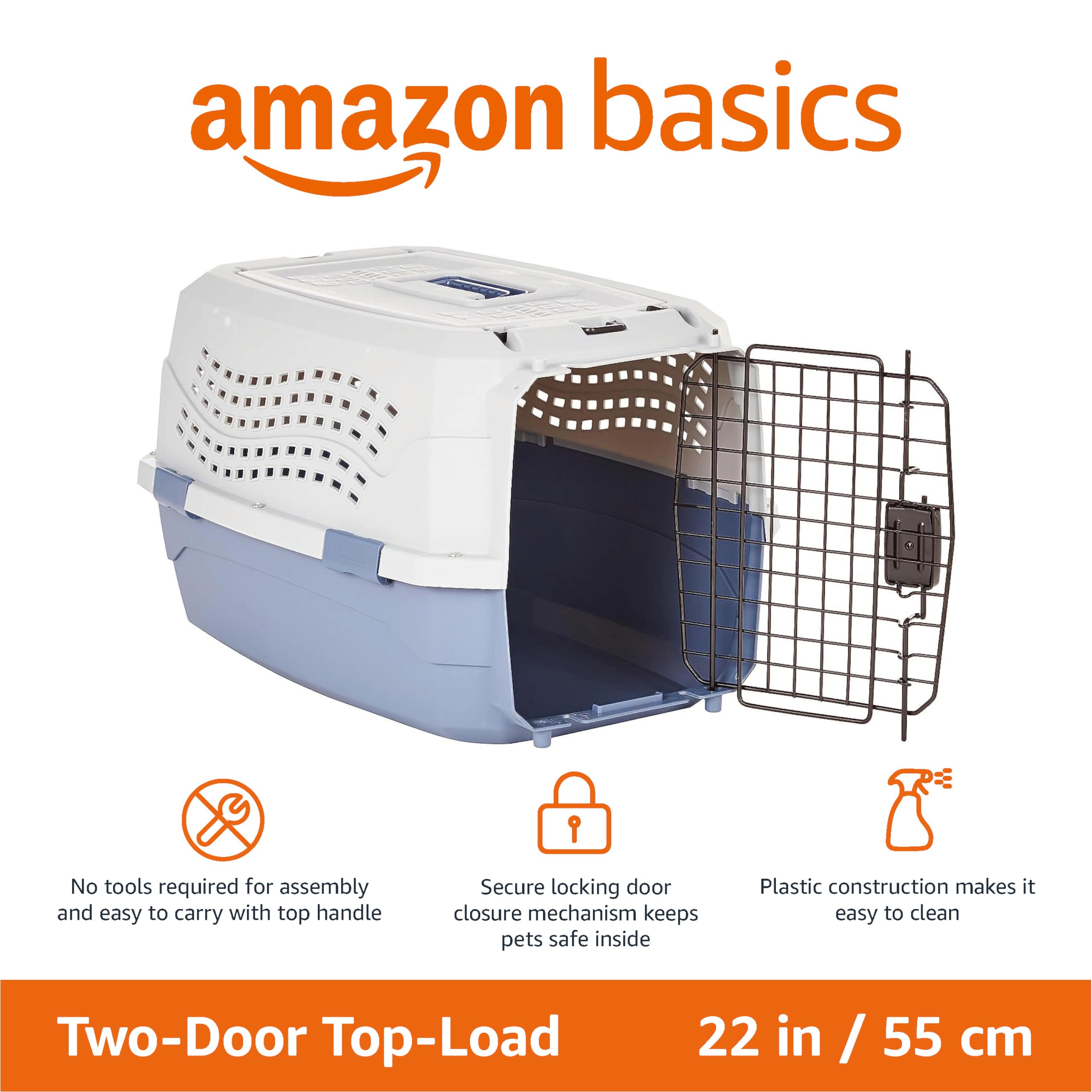 Amazon Basics 2-Door Top-Load Hard-Sided Dogs, Cats Pet Travel Carrier, Gray & Blue, 22.8"L x 15.0"W x 13.0"H