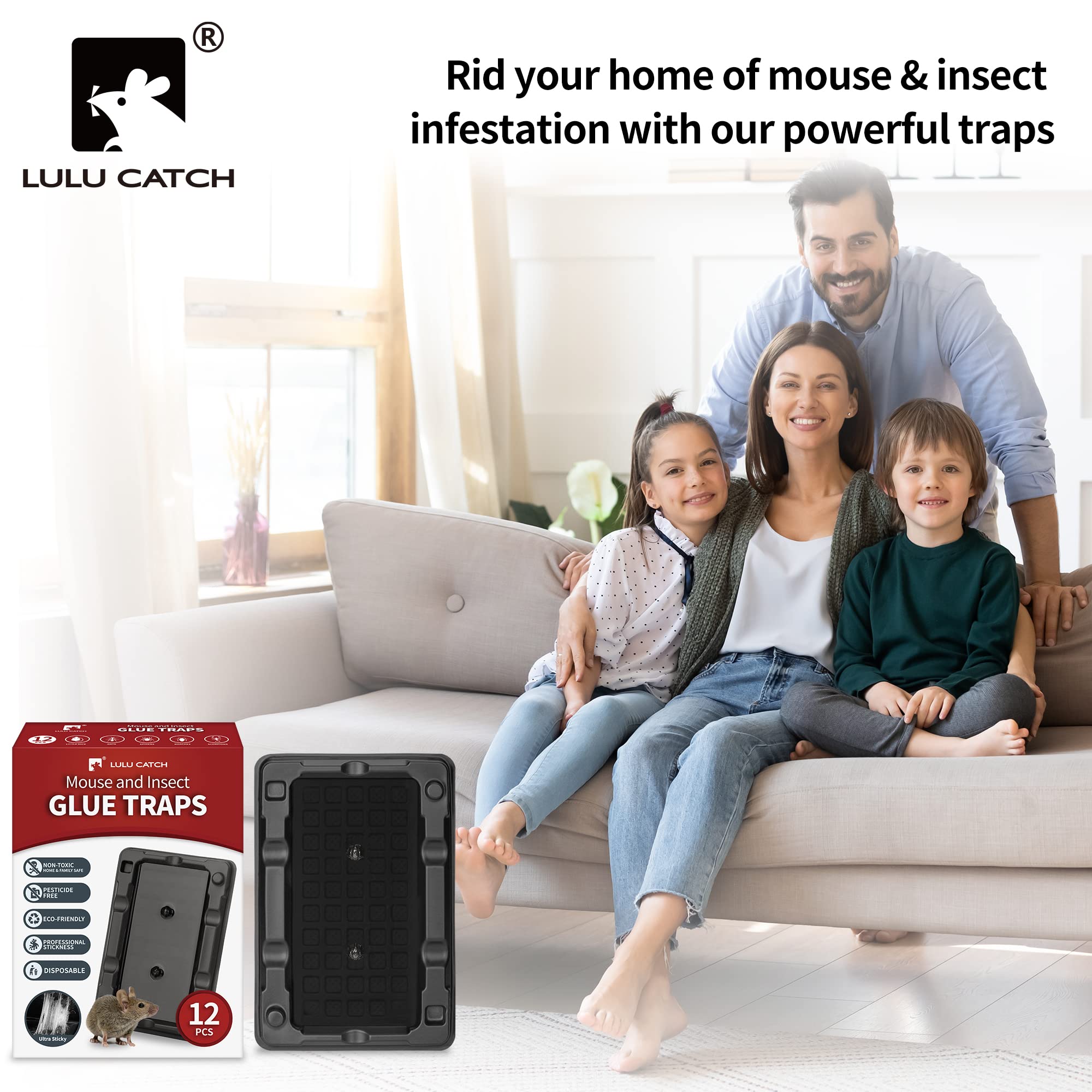 LULUCATCH Mouse & Insect Traps 12 Pack, Heavier Sticky Traps with Non-Toxic Glue for Small Mice & Insects. Sticky Mouse Traps Indoor, Easy to Set, Pet Safe Pest Control