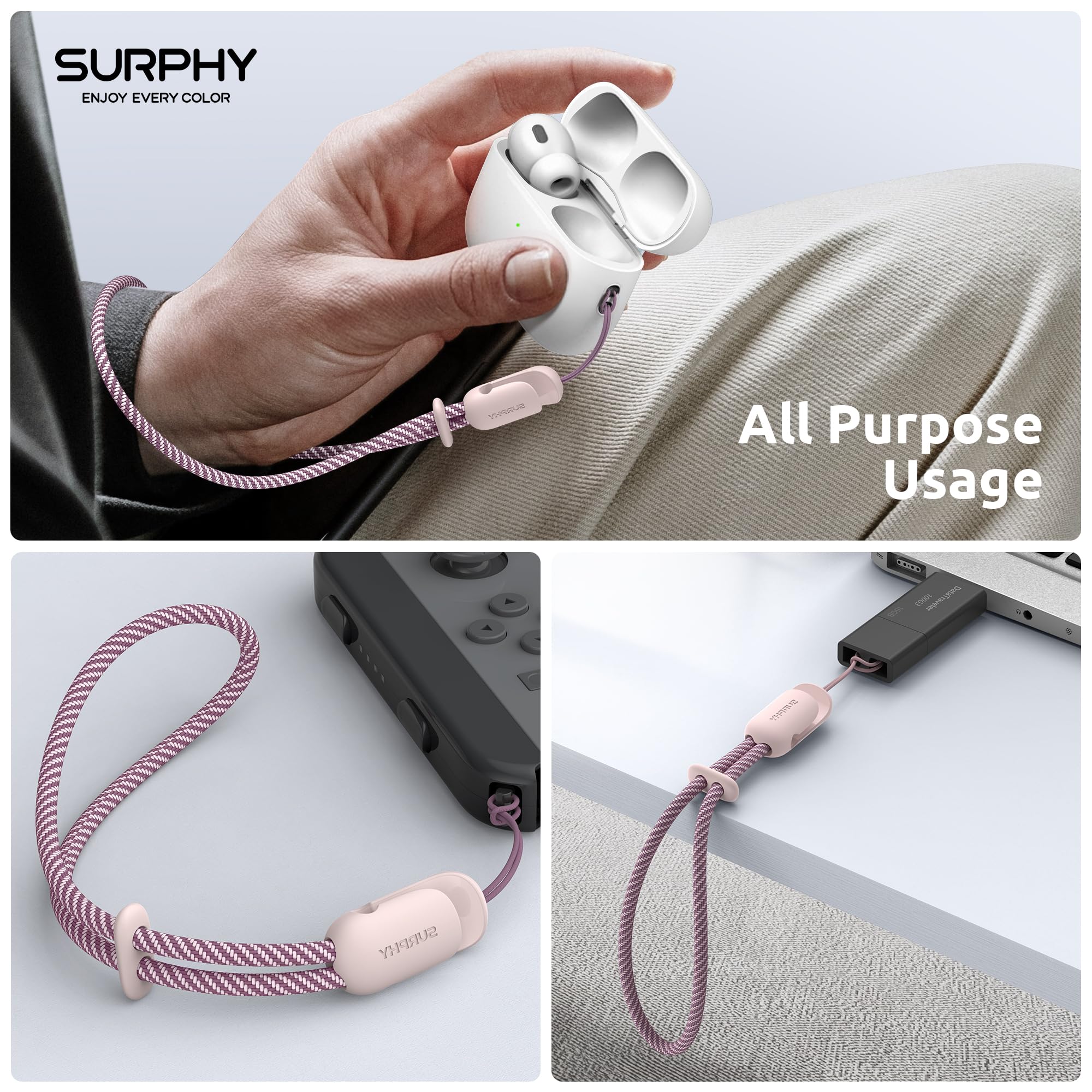 SURPHY 2 Pack Phone Lanyard for Cellphone Case, Phone Wrist Strap for Case, Cellphone Strap with 2-Color Braided, Charm Wrist Lanyard for Women and Men, Pink & Gray