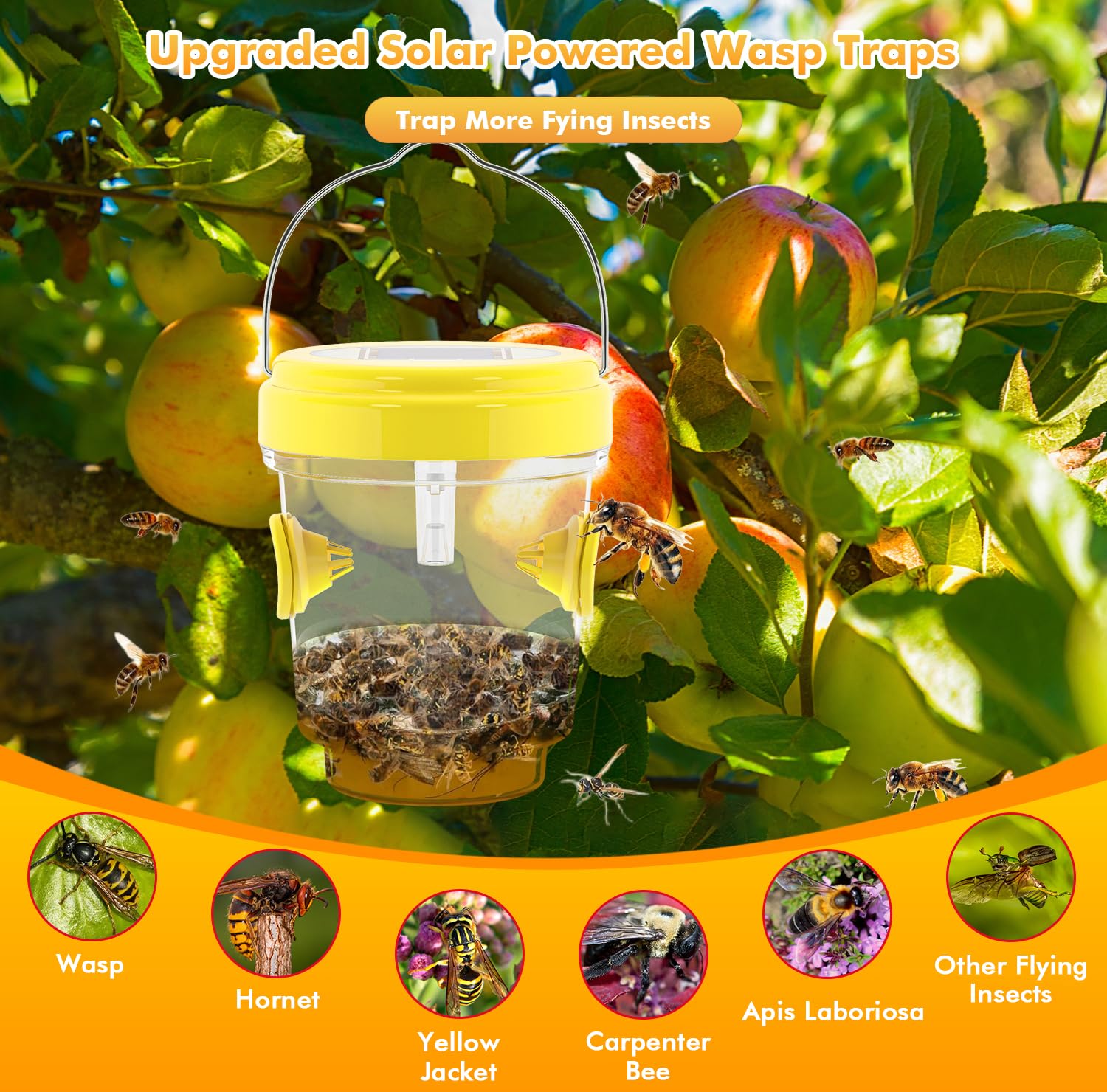 Wasp Traps for Hunting Wasps, Bees, Hornets, Insects, Yellow Jacket Traps, Wasp Trap Catcher, Reusable Solar Powered Hanging for Outdoor, 4 Packs