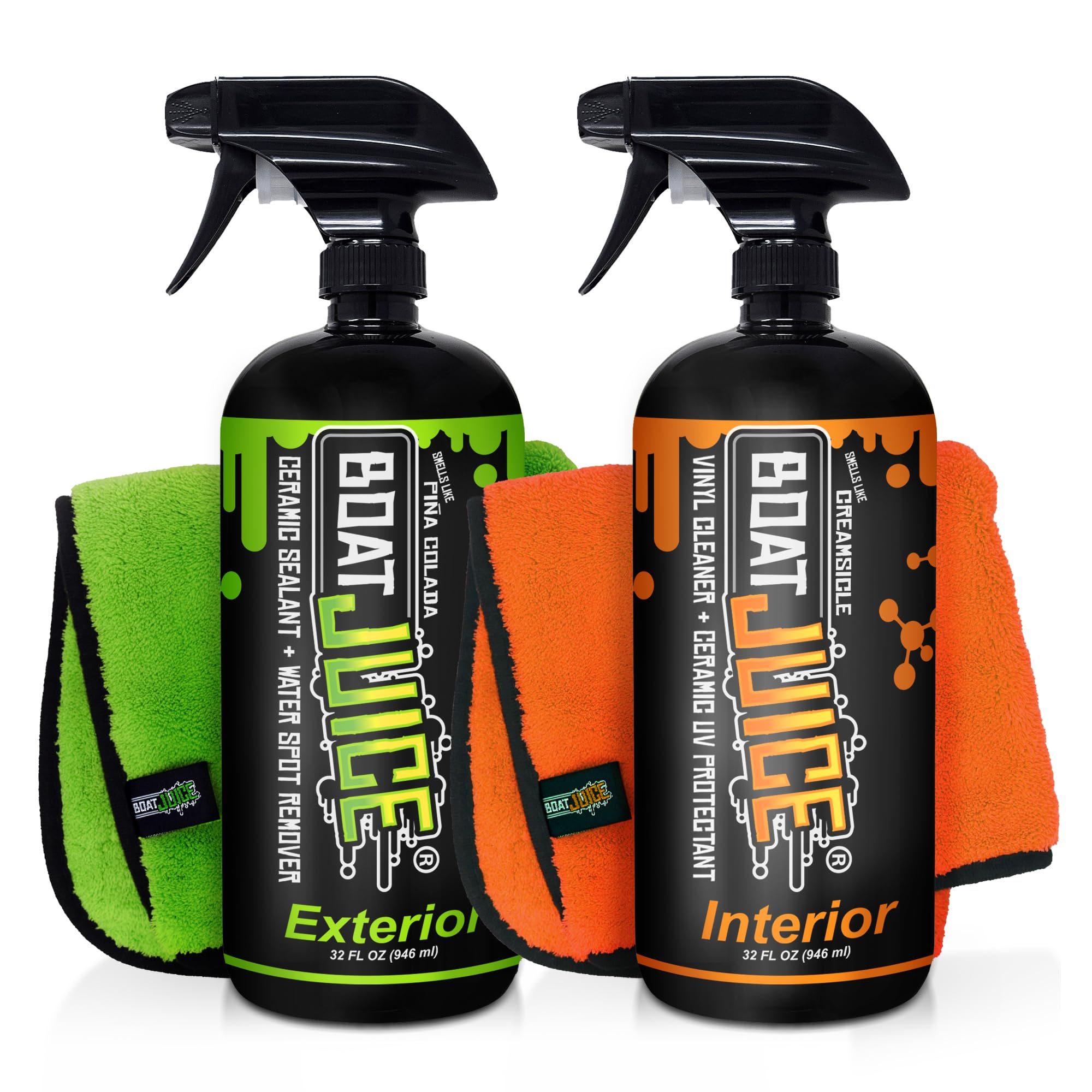Boat Juice Necessity Boat Cleaner Kit | Exterior Water Spot Remover, Interior Seat & Vinyl Cleaner, 2 Microfiber Towels | Boat Cleaning & Detailing Kit, Marine Accessories | Made in USA (Kit)