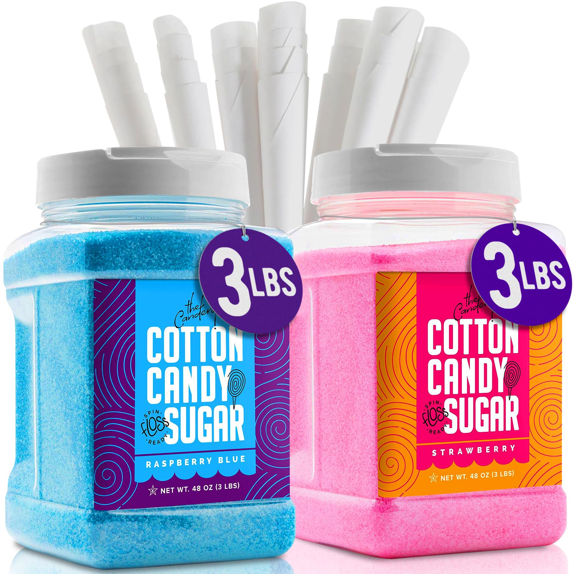 The Candery Cotton Candy Floss Sugar (2-Pack) Includes 100 Premium Cones | Raspberry Blue and Strawberry | Plastic, Reusable Jars | Easy Pour Spout or Scoop | Includes Scooper | 3 LBS Jars